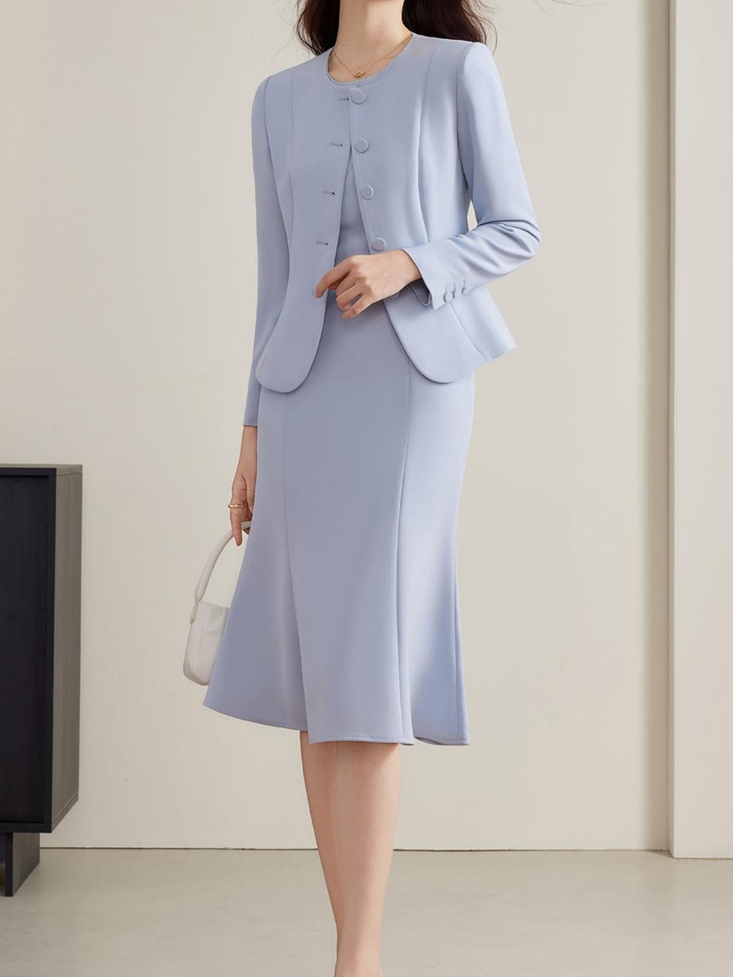 Light Purple Waist - cinching Blazer Set, Autumn & Winter Long - Sleeve Short Jacket + Mermaid Midi Skirt, Office Commute Two - piece Outfit