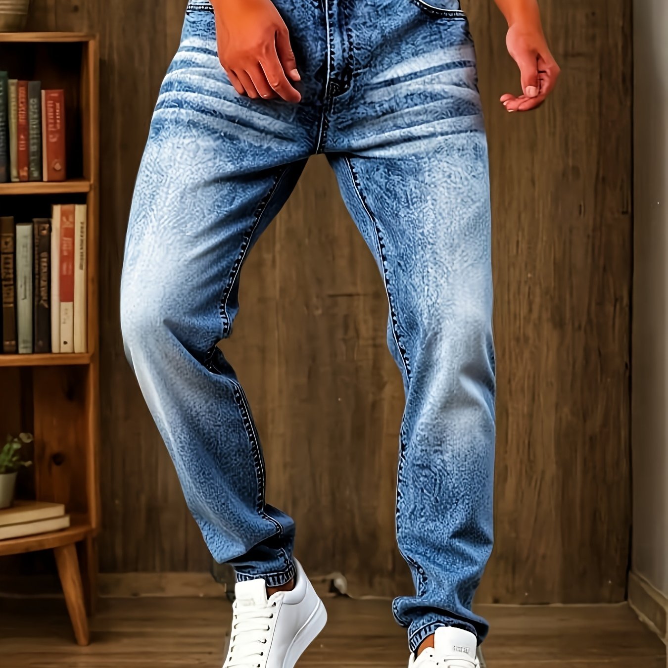 HME Men's Stretch Jeans - Skinny Fit Stretch Denim Pants with Mid-Rise Straight Leg, Vintage Washed Blue Jeans, Machine Washable Everyday Casual Pants for All Seasons (Non-See-Through), Allseason Clothing, Timeless Fivepocket