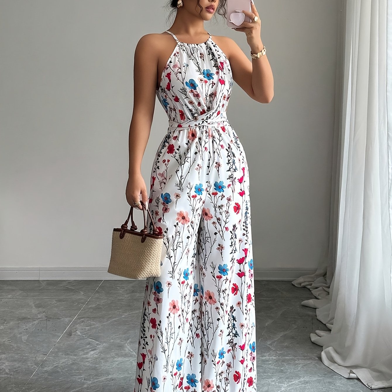 Green Women's Geometric Print Sleeveless Jumpsuit with Tie Waist and Wide Legs in White - Perfect for Night Outs, Parties, and Casual Attire, Casual Attire|Modern Casualwear|Strapless Jumpsuit