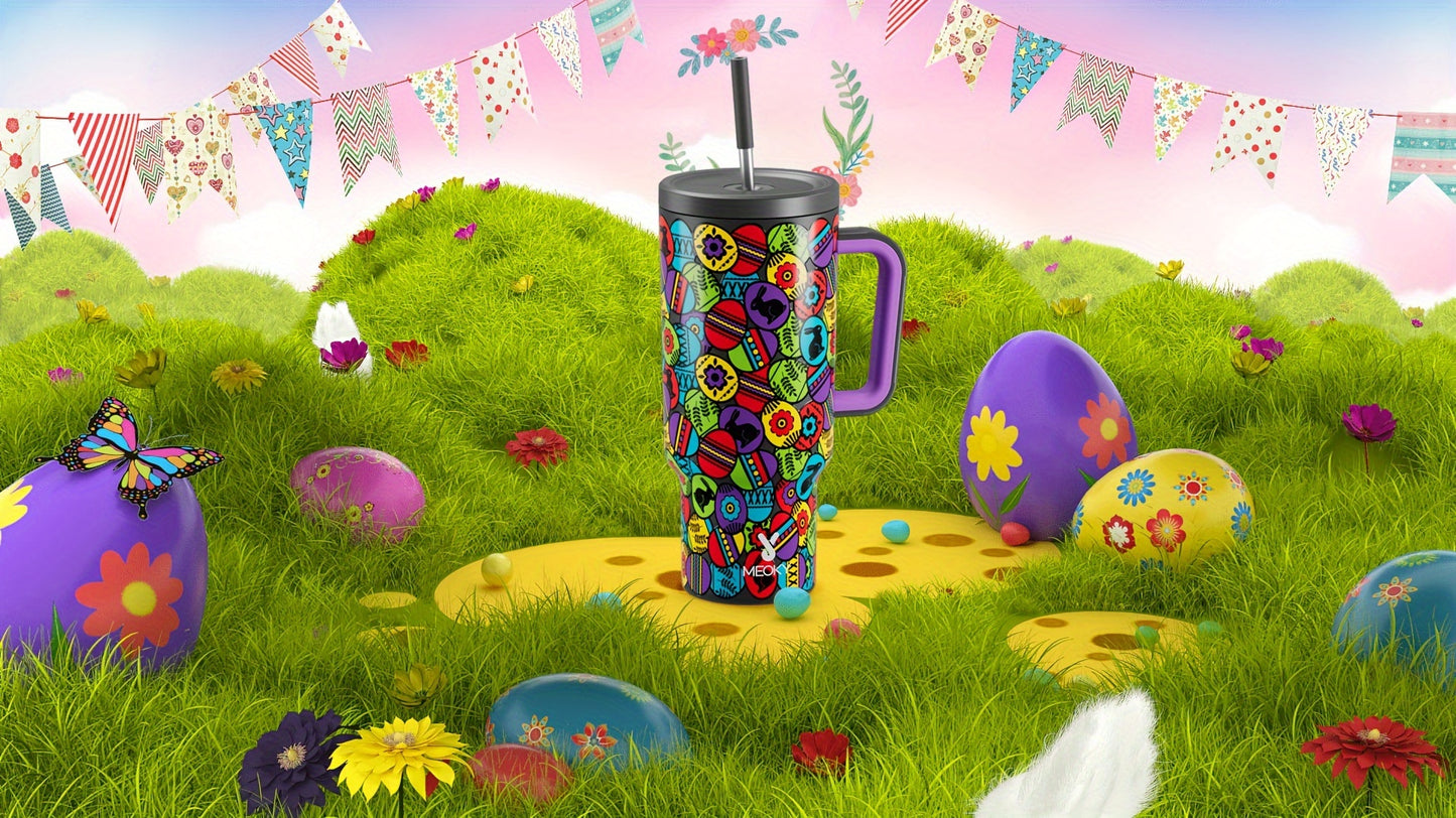 Meoky 40oz Insulated Stainless Steel Water Bottle - Vibrant Butterfly Design, Keeps Drinks Hot/Cold for Hours, with Lid, Straw & Handle - Ideal for Outdoor Activities, Camping, Hiking, Car Travel - Perfect Easter Gift