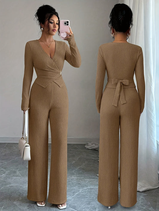 Women'S Elegant V-Neck Long-Sleeve T-Shirt & Cross-Tie Wide-Leg Stretch Waist Pants Two-Piece Set - Solid Color Winter Outfit, /Neutral Tones, Structured Fit for Casual to Formal Events, Comfortable Stretch Fabric, Versatile