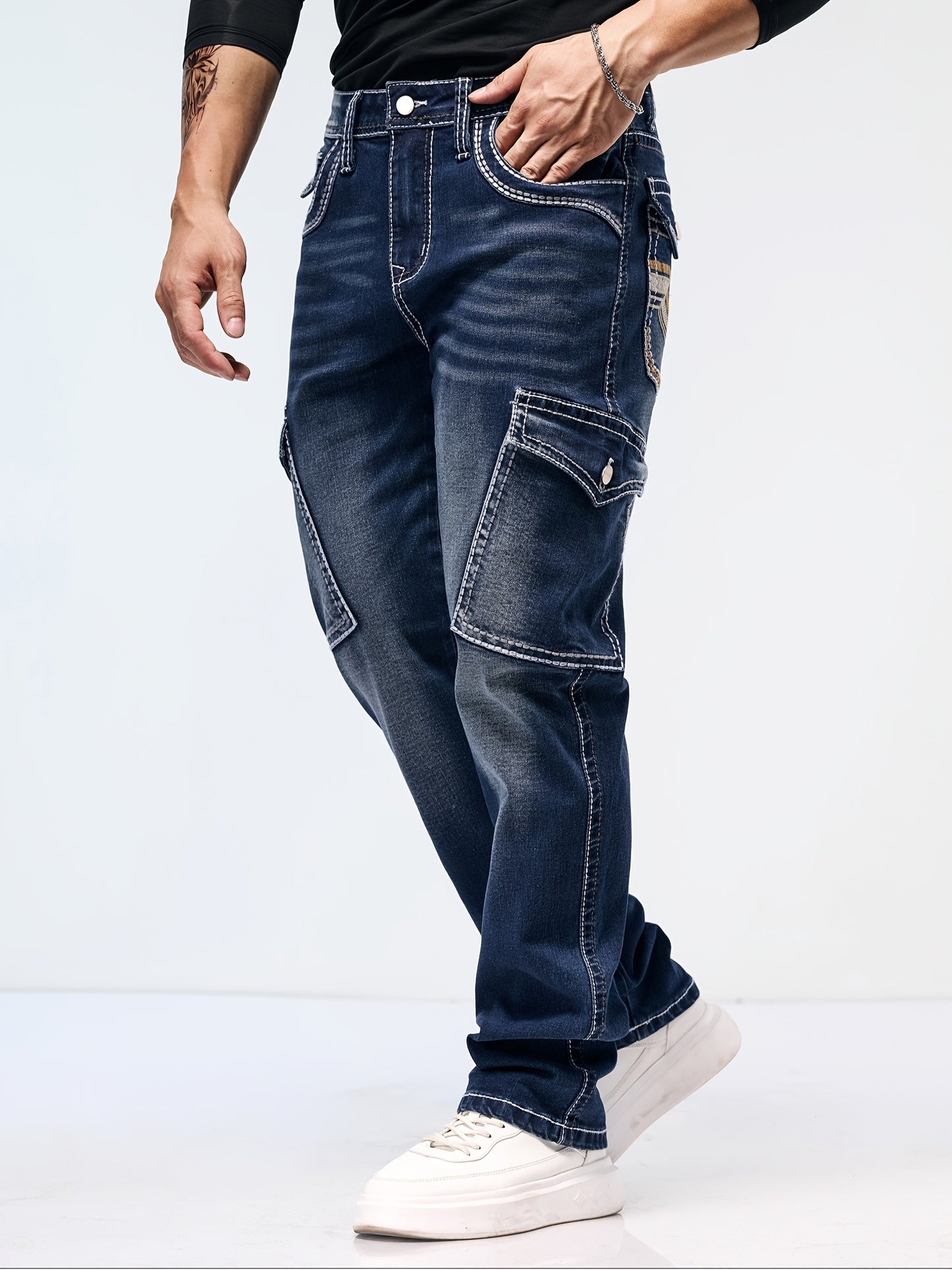 Men's Vintage Embroidered Stretch Denim Jeans with Multiple Pockets - Cotton Blend, Machine Washable