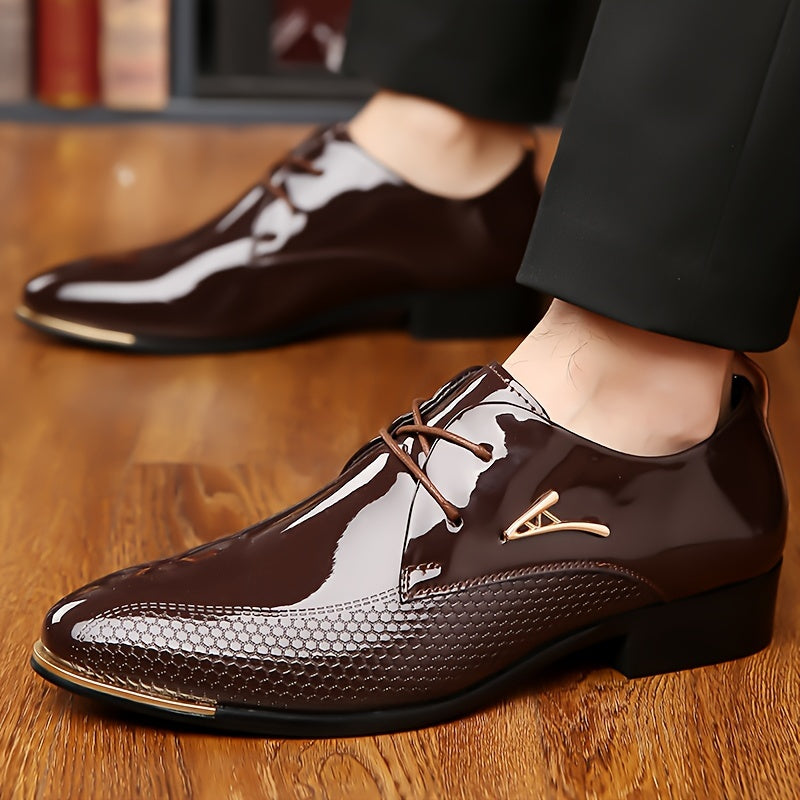 Men's Fashion Oxfords, Casual Trendy Solid Color Lace-Up Dress Shoes, PU Upper & Inner, Rubber Sole, Pointed Toe, Low Top Design for Hiking, Outdoor, Daily Wear & Parties