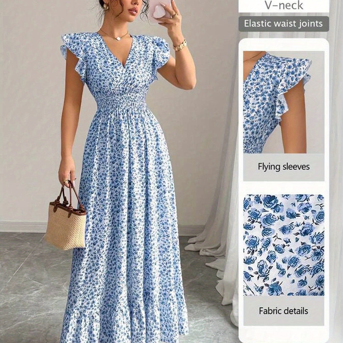 [Elegant Floral Dress] Elegant Floral Print V-Neck Dress with Ruffle Sleeves | Long Sleeveless A-Line Dress for Women - Blue, Perfect for Spring/Summer/Fall, Casual to Formal Wear