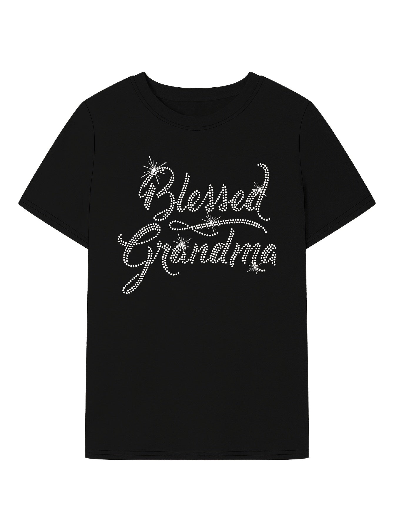 1pc Women'S "Blessed Grandma" Rhinestone Letter Print T-Shirt, Polyester Knit Fabric, Casual Crew Neck Short Sleeve Top for Summer & Spring