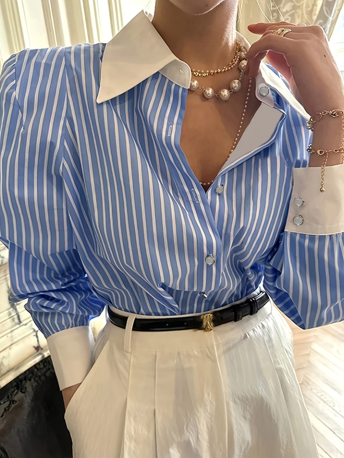 Gavin Women's Casual Long Sleeve Shirt - Blue & White Striped Button-Up Blouse with Pointed Collar, Relaxed Fit, Machine Washable, All-Season Versatile Top, Seasonal Fashion | Classic Collared Blouse | Goldtone Accents