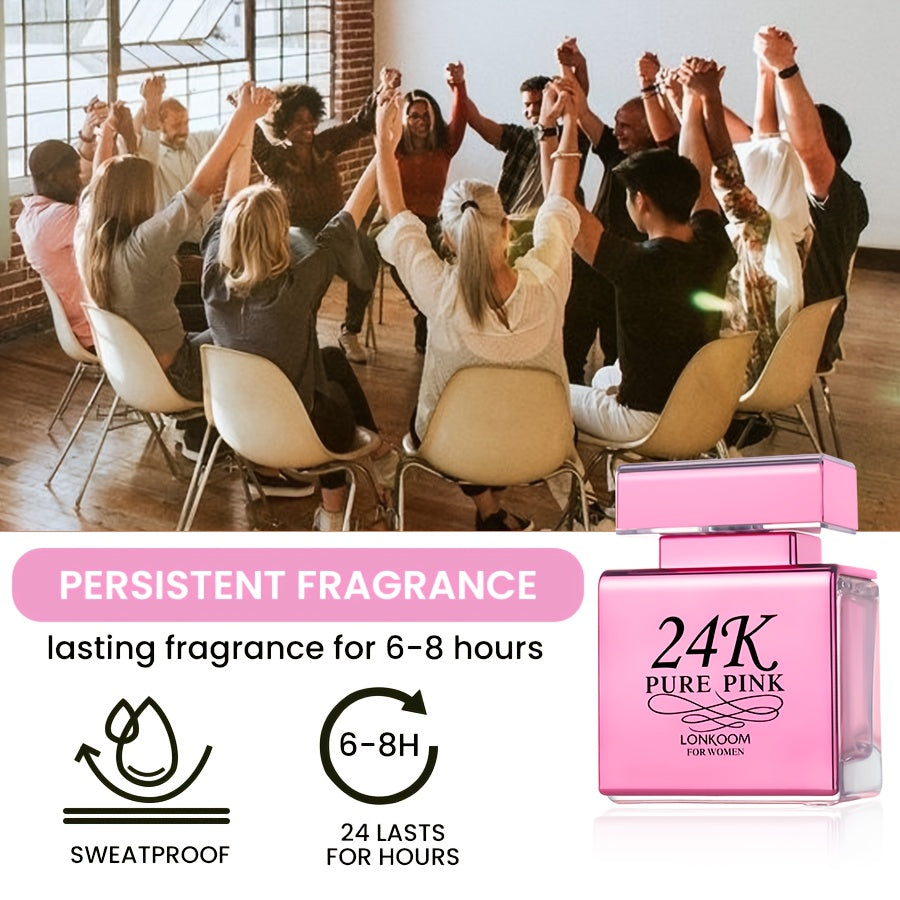 LONKOOM 24K Pure Pink Eau De Parfum for Women - Floral & Fruity Scent with Apple Top, Orchid Heart, Amber Base, Alcohol-Infused, Formaldehyde-Free, Ideal Winter Date Gift, 3.38oz, Women's Perfume|Sophisticated Packaging|Flora