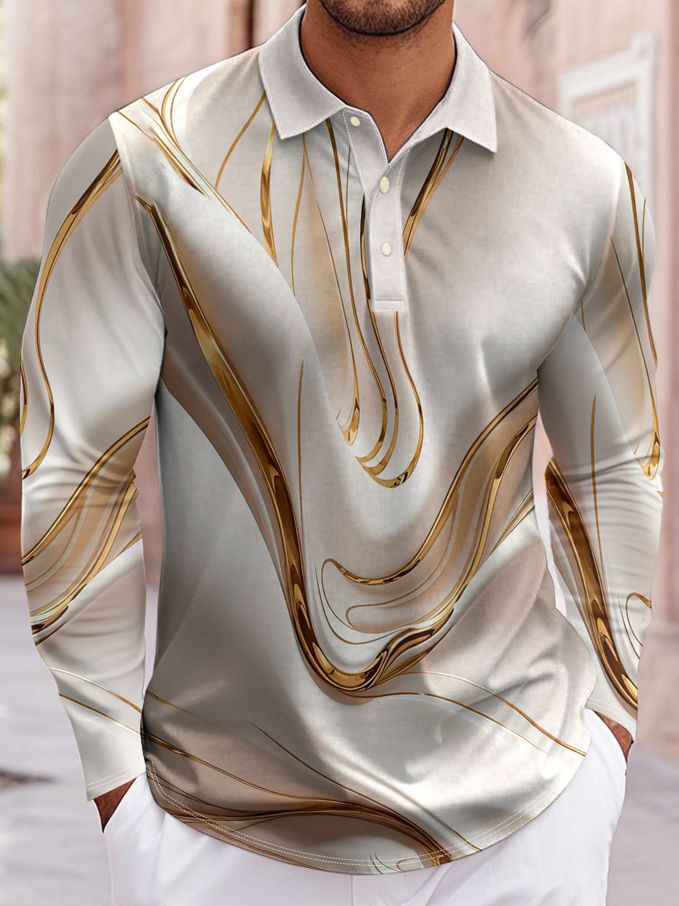 Men'S Elegant Marble Pattern Shirt - Lightweight Breathable Long Sleeve Formal & Casual Shirt, Black & Golden Swirls, Regular Fit for Office, Parties, Golf - All-Season Business & Everyday Attire for Men & Teens, Marble Print