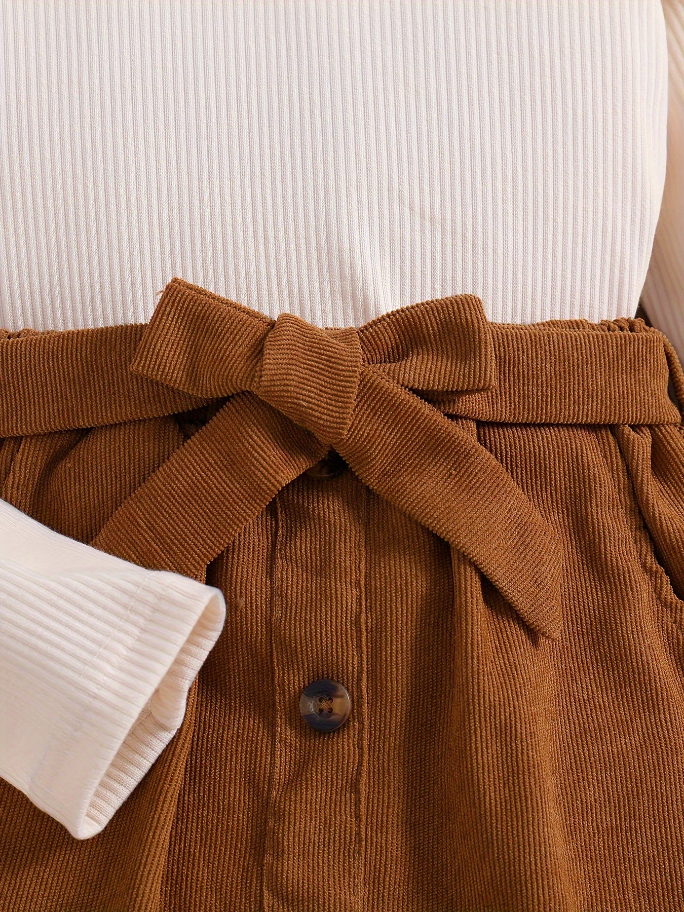 ' Elegant Solid Color Long Sleeve Half Dress Set - A-Line Skirt with Waist Tie Belt, Soft Breathable Fabric, Classic White & Brown Outfit for Spring & Fall, Casual to Semi-Formal Occasions, Casual Attire, School Events, Famil