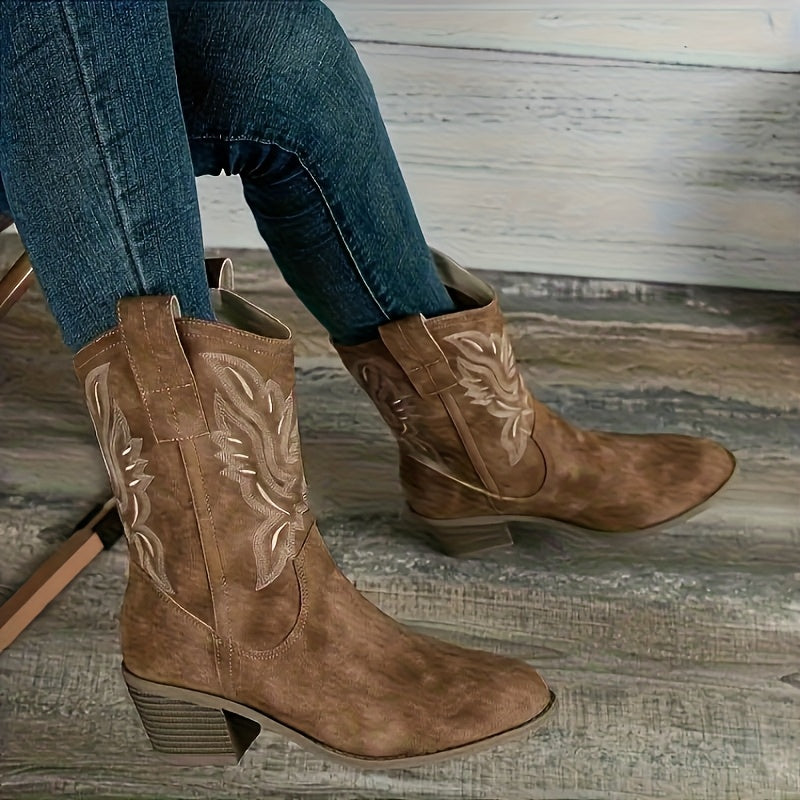 MagiMoBo Women's Western Slip-On Mid-Calf Boots - Pointed Toe Chunky Heel with Floral Embroidery, Synthetic Cover & Rubber Sole, All-Season Casual Boots for Jeans & Dresses, Stylish Footwear, Embellished Footwear, Detailed Em