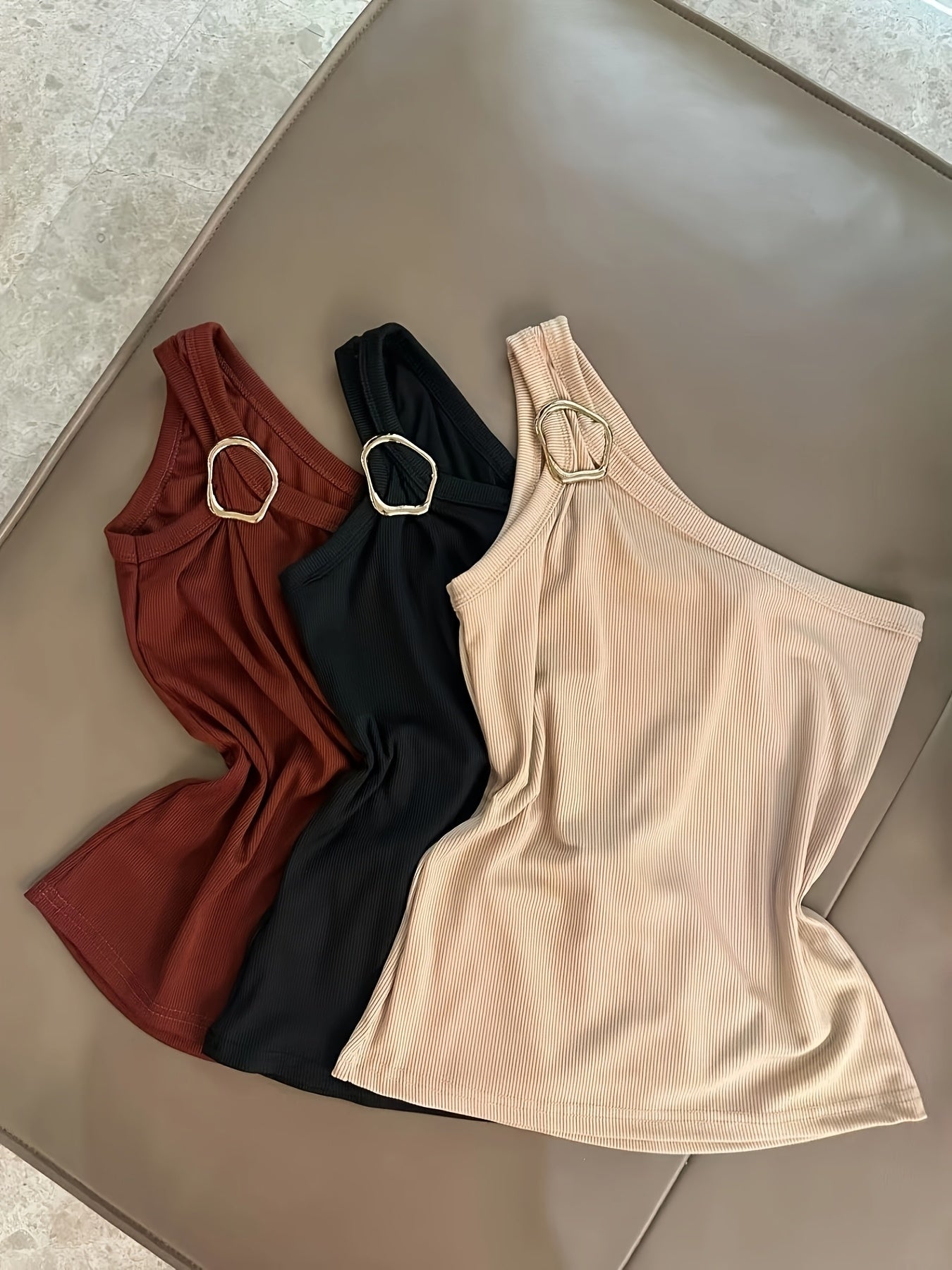 Summer Sexy Slim-Fit Design Metal Buckle Pullover Vest Three-Piece Set