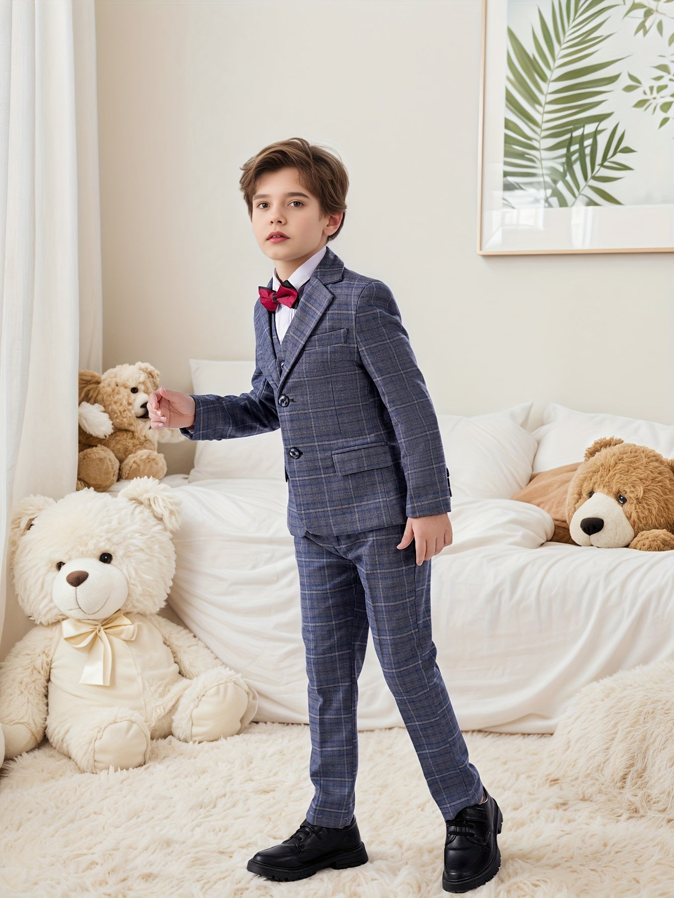 Boys' Suit Three-Piece Set Blue and White Plaid Jacket + Vest + Trousers 6-16 Size Formal Wear Boys' Wedding Dress Party Performance Outfit Christmas Collection School Event Attire