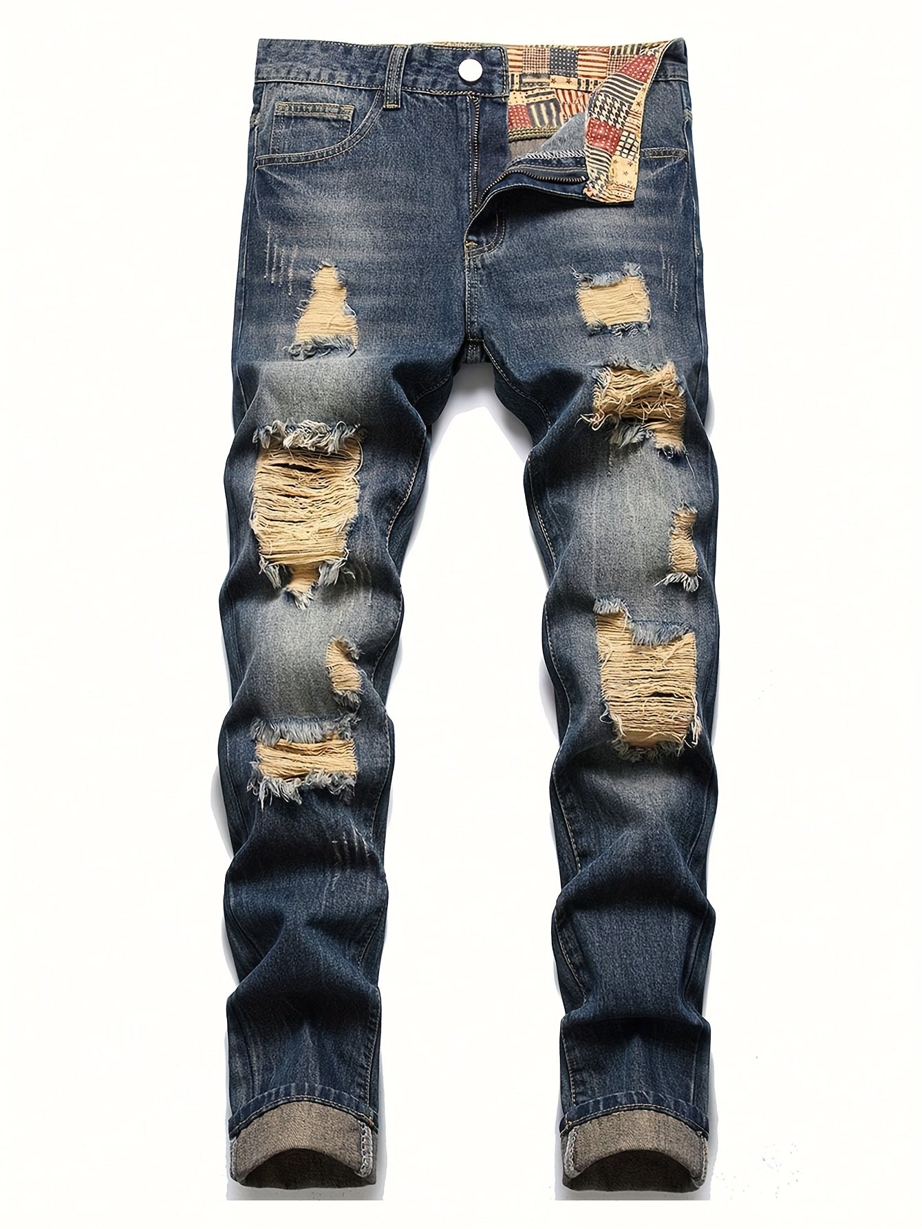 Men'S Retro Washed Blue Ripped Straight-Leg Jeans - Slim Fit, Non-Stretch Denim, Distressed Details, All-Season Casual Wear, Vintage Streetwear Style, Straight Leg Jeans