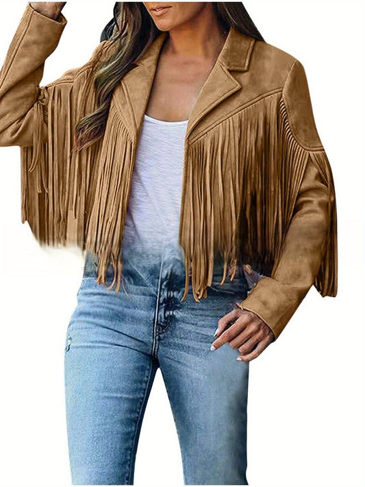 Women's Short Deerskin Jacket w/ Fringe Hem & Tassel Trim - Slim-Fit T-Shaped Silhouette, Zipper Closure, Round Neck Casual Coat for Spring/Fall (Hand Washable) - Grey/Black/Brown - Versatile Outerwear
