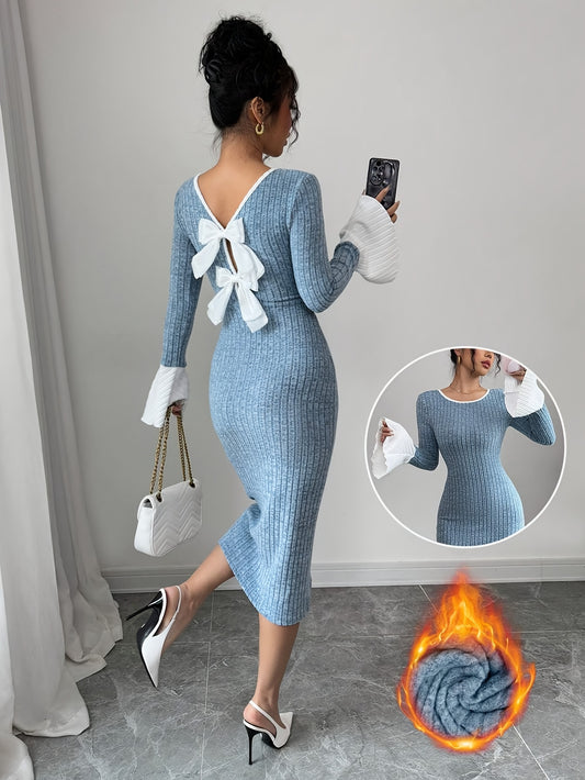 Women's Winter Fleece-Lined Dress with Contrast Bell Sleeves & Bow Back - Bodycon Midi, Round Neck Solid Color, Machine Washable, Soft Warm Elegant Party & Everyday Outfits for Fall/Winter (Light Blue Shown), Seasonal Wardrob