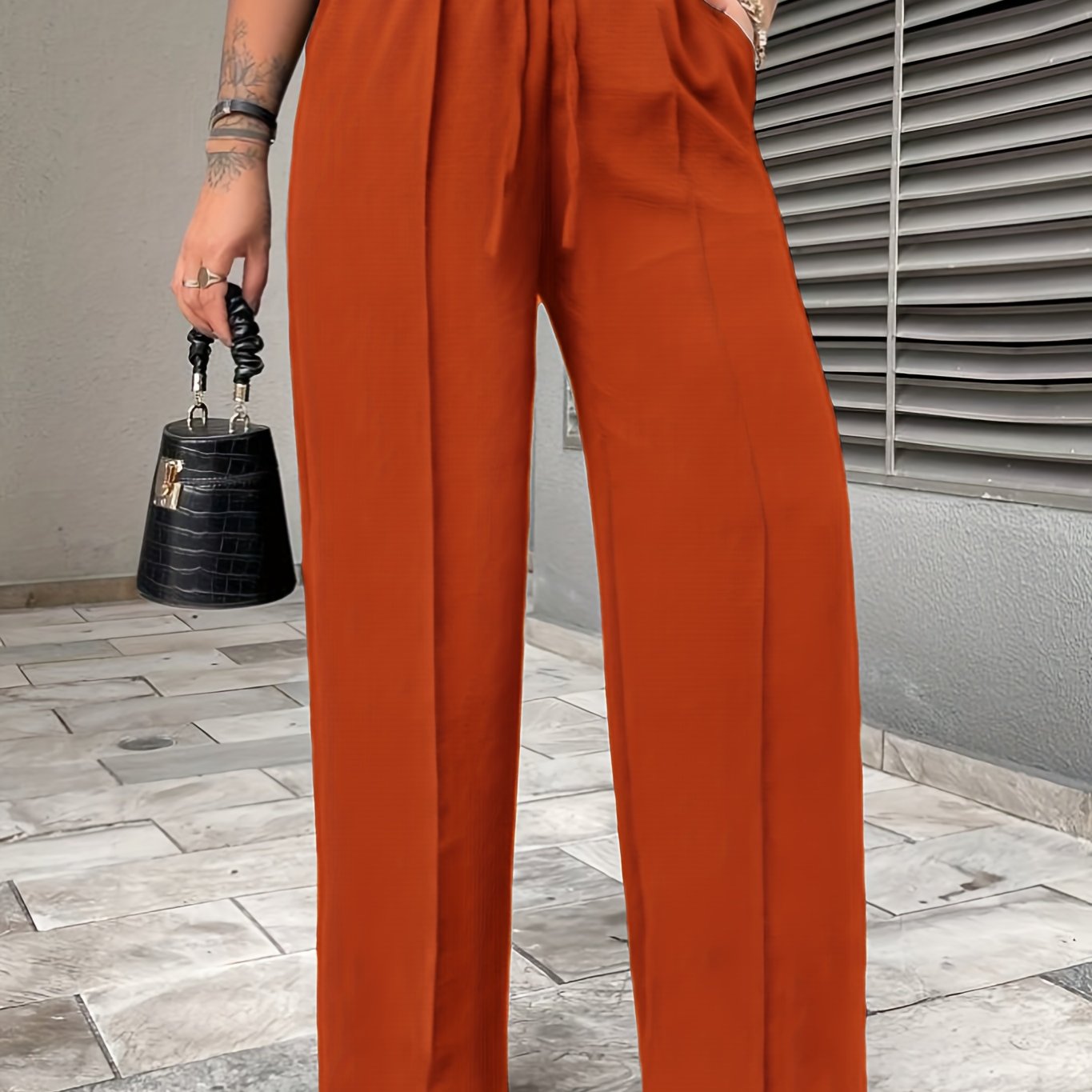 Elegant Middle-Eastern Polyester Straight Leg Pants 95% Polyester 5% Elastane Solid Color with Faux Drawstring Detail Spring/Fall Collection for Women - Woven Fabric, Comfort Fit Lounge Trousers with Pockets