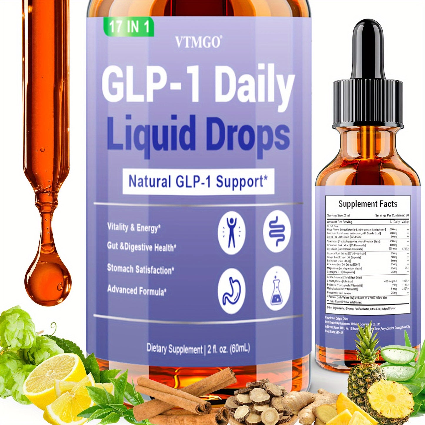 GLP-1 Daily Liquid Drops, GUT Health. Helps Appetite.B Vitamins, Ceylon Cinnamon, Probiotics, Ginger Root, Hops Flower, Green Tea, L-Methylfolate, Magnesium.Antioxidant, Balanced Diet, Suitable for Both Men and Women. Each Bo