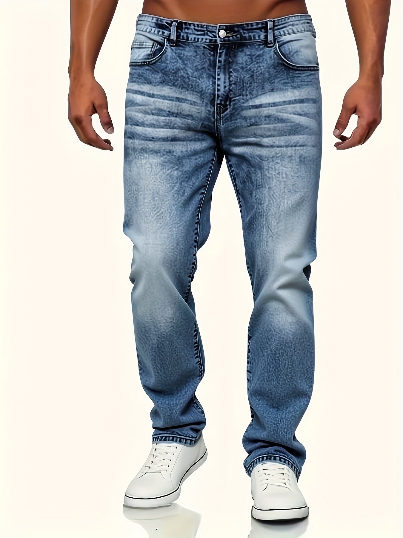 HME Men's Stretch Jeans - Skinny Fit Stretch Denim Pants with Mid-Rise Straight Leg, Vintage Washed Blue Jeans, Machine Washable Everyday Casual Pants for All Seasons (Non-See-Through), Allseason Clothing, Timeless Fivepocket