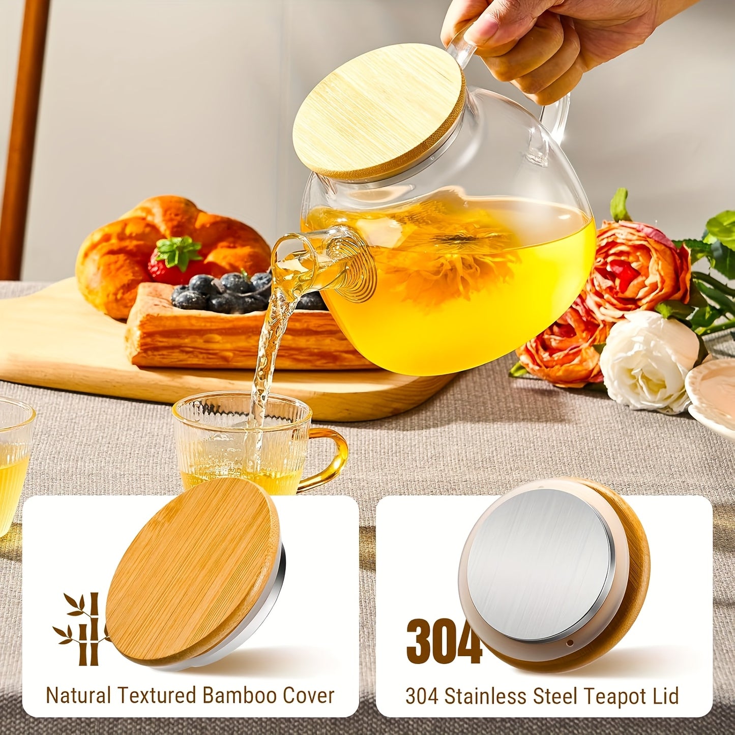 1000/1800ml Glass Water Kettle, Suitable for Stove, with Removable Strainer Mouth, Equipped with Spout, Lid and Handle, Suitable for Brewing Loose Leaf and Herbal Tea, Can Hold Juice, Milk, Beverages, Transparent Hot and Cold