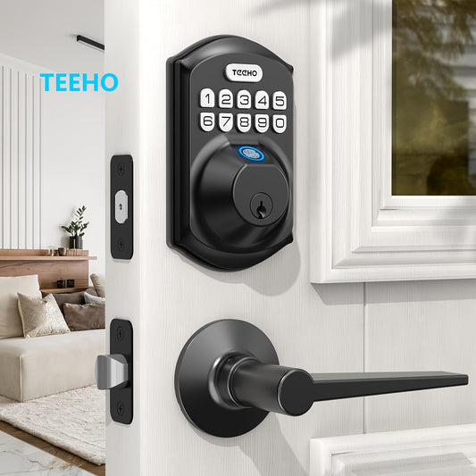 1pc TEEHO Electronic Fingerprint Door Lock Set with 2 Lever Handles, Keyless Entry Deadbolt, Battery Powered Keypad for Home Security, Easy Installation, American Standard Lock Body, Aluminum Material
