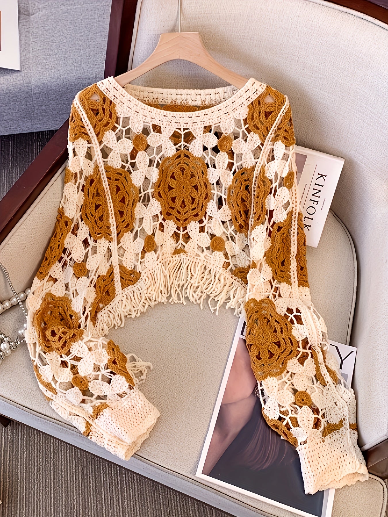 Boho Chic Cardigan Handmade Bohemian Crochet Cardigan Sweater for Women - Long Sleeve Semi-Sheer Cover-up with Ethnic Geometric Pattern in Beige/Brown, Loose Fit for Beach, Parties, Everyday - Boho Chic, Lace-like Layering