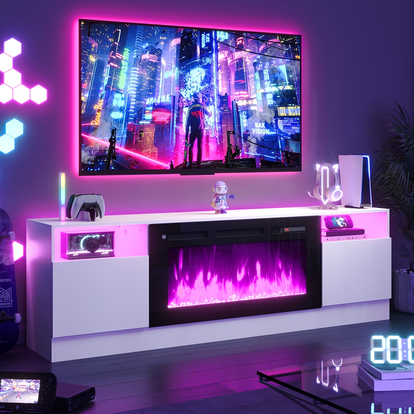 Modern Electric Fireplace TV Stand Entertainment Center with 36.3" Wall-Mounted Fireplace, 12-Color LED Lights, High-Gloss Storage Cabinet & Hardwood Construction - Fits TVs Up to 80", Energy-Efficient, Adjustable Timer