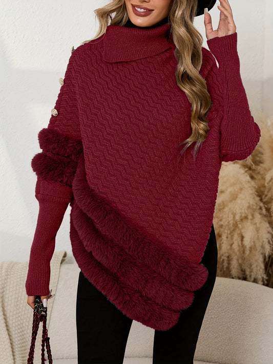 Women's Elegant Sweater - Chic Pullover Sweater with High Neck, Soft Long Batwing Sleeves, Button Front Closure - Fall Winter Outfits, Office to Party Attire - Cozy Gift for Women (100% Polyester)