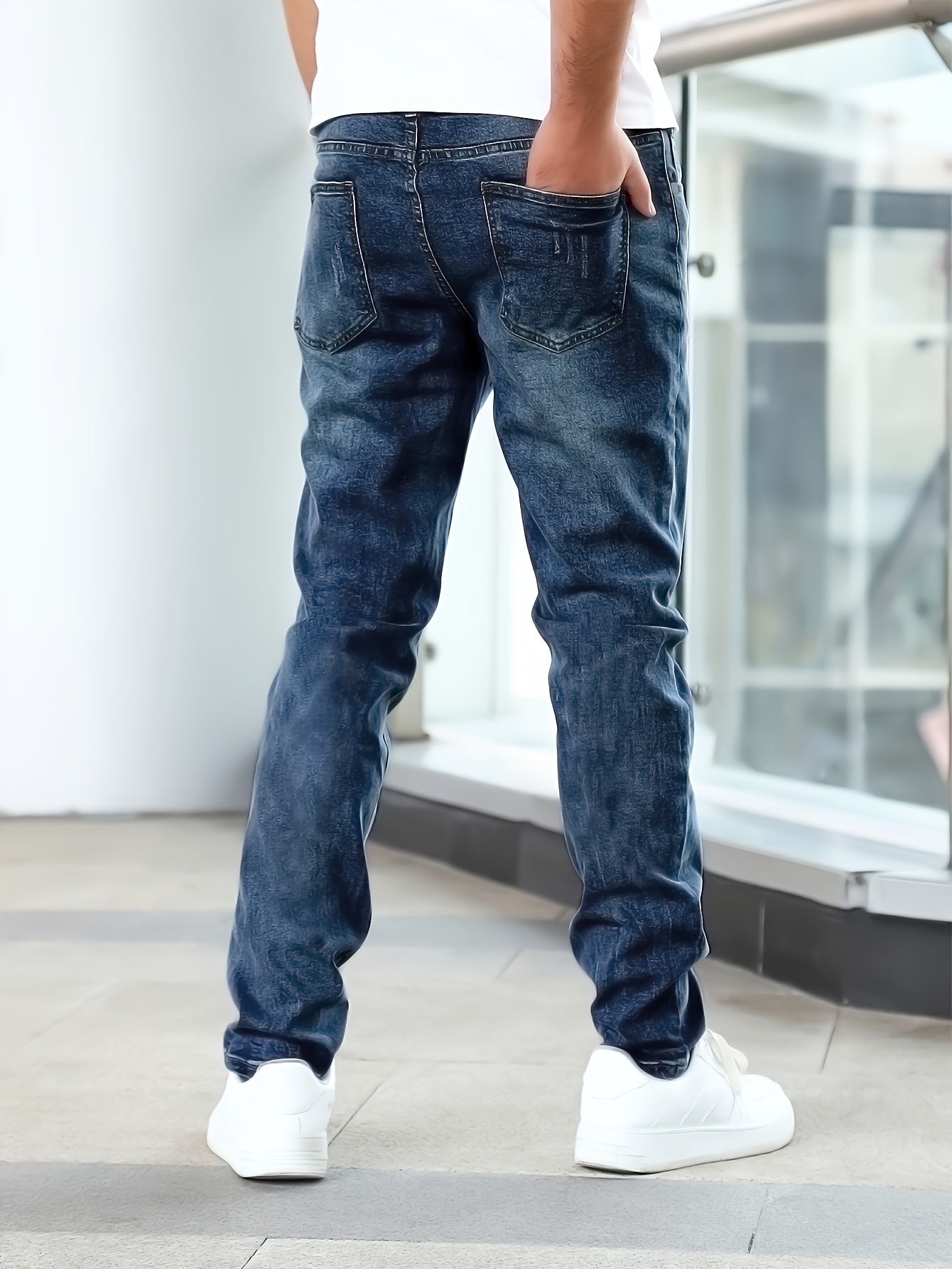 Men'S Jeans Slim Blue Stretch Men'S Simple Casual Small Straight Business Men'S Pants, Suitable For All Seasons