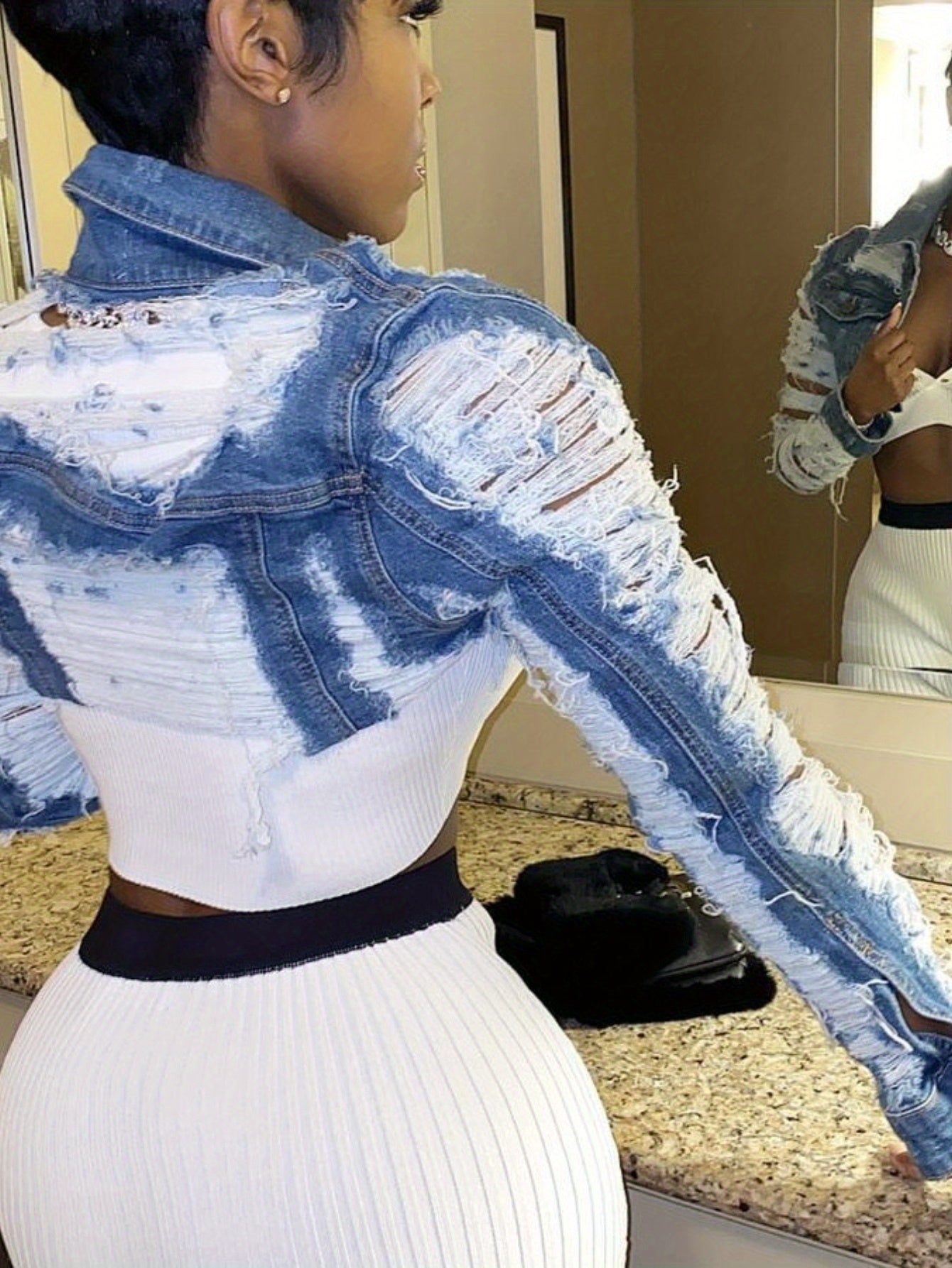 's Sexy Short Denim Jacket - Collar & Single-Breasted Mini Coat with Belt-like Waist, Short Length (Below Hip) - Machine Washable Winter Cardigan for Casual & Formal Outfits - Elegant Denim Outerwear