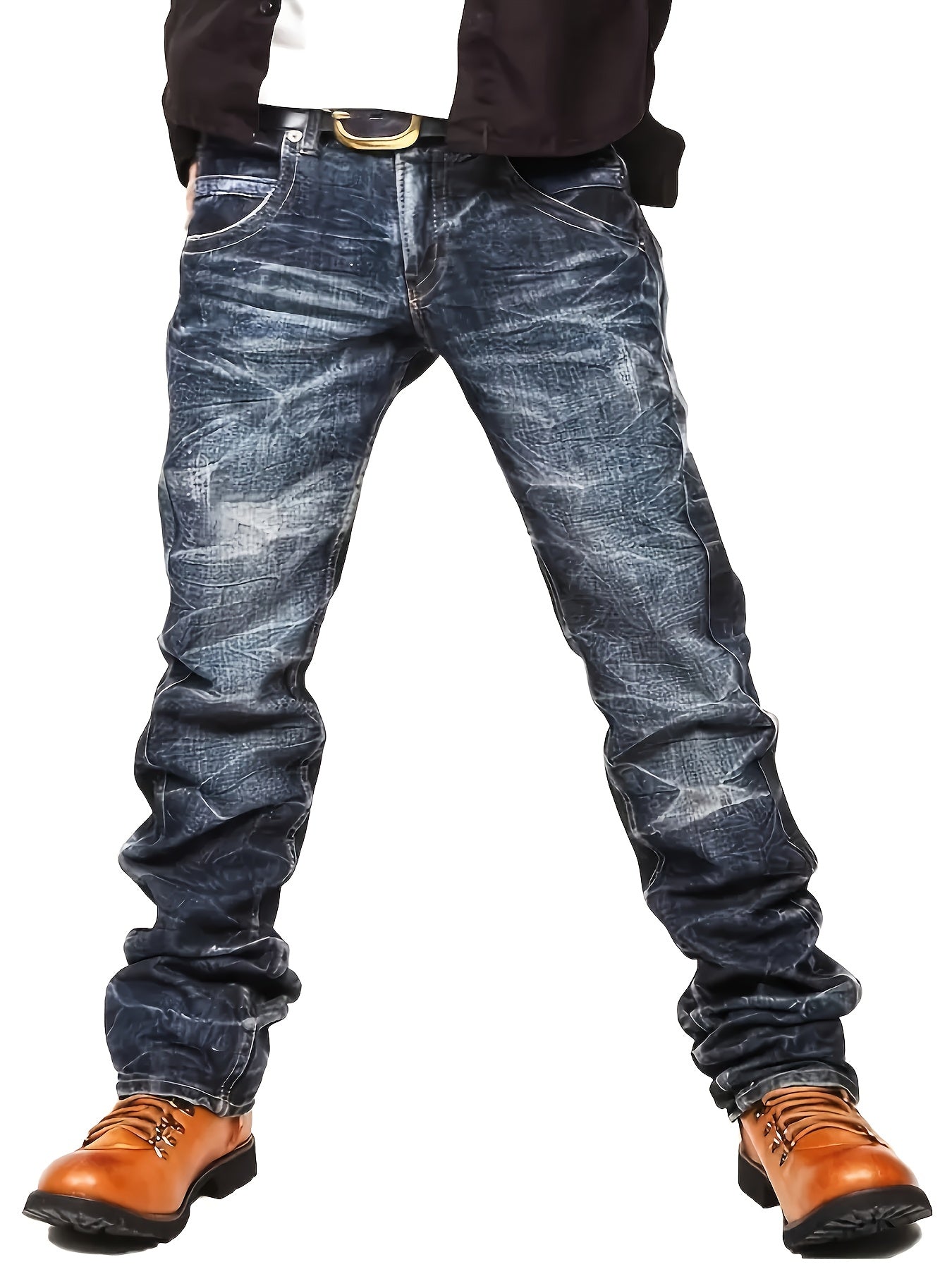 Men'S Vintage Washed Blue Faux Denim - Loose Fit Streetwear Pants with Raw Edge Details, All-Season Non-Fading Faux Denim for Casual Outfits & Casual Attire, Urban Fashion, Distressed Look, Sturdy Construction, Fashion Bottom