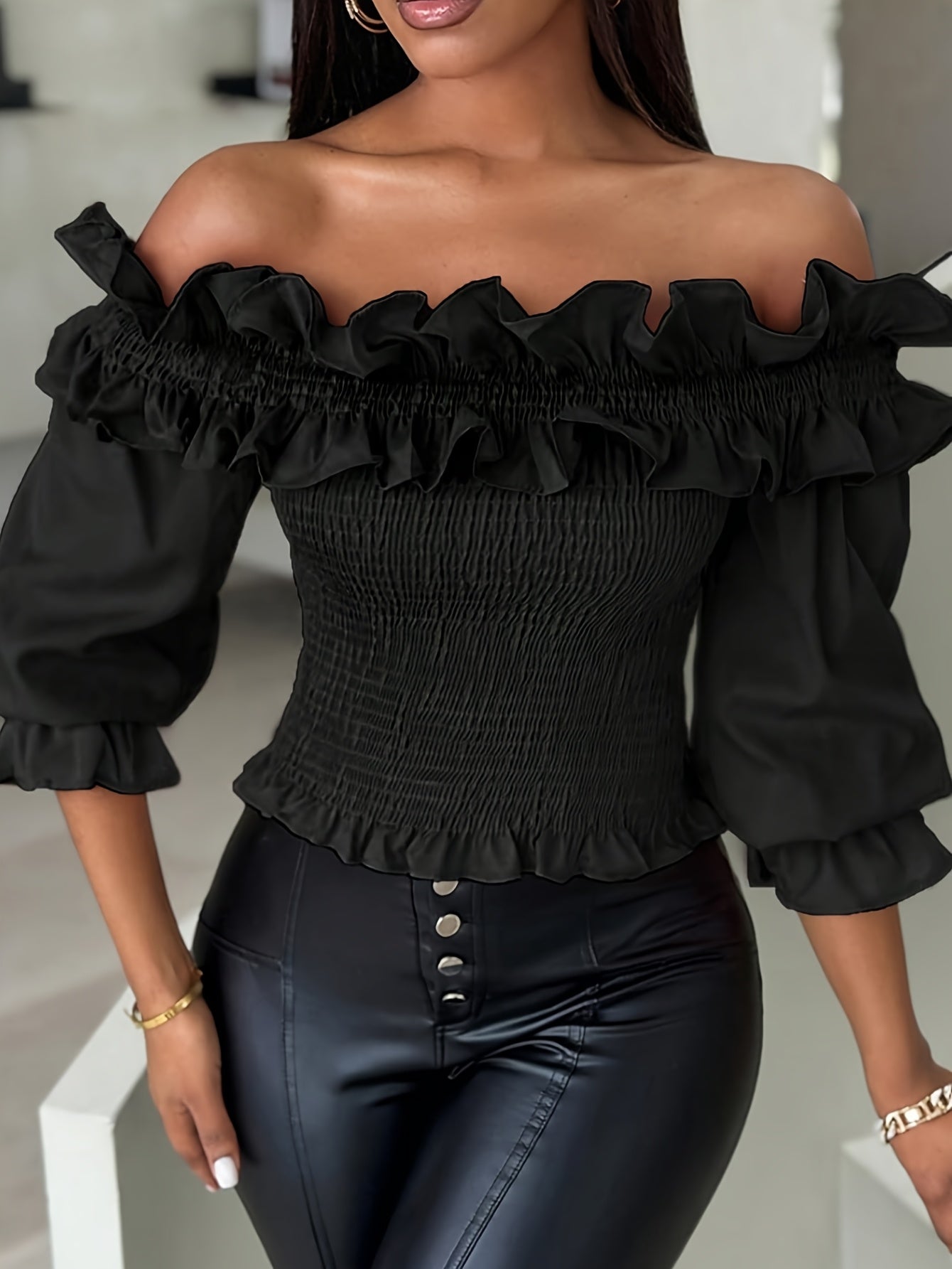 Elegant Off-Shoulder Shirred Blouse for Women - Solid Color, Polyester and Elastane, Machine Washable, Allseason Apparel | Fitted Top | Tailored Fit
