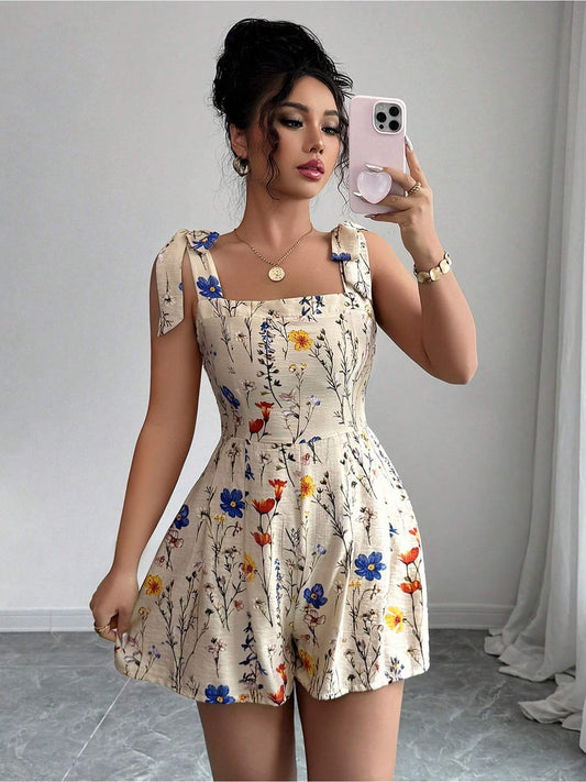 [Floral Print Jumpsuit] Lightweight Polyester Women's Floral Print Sleeveless Jumpsuit | V-Neck Lace-Up Design, Perfect for Spring/Summer/Fall, Casual to Evening Wear, Casual Summer Wear | Sleeveless Fashion