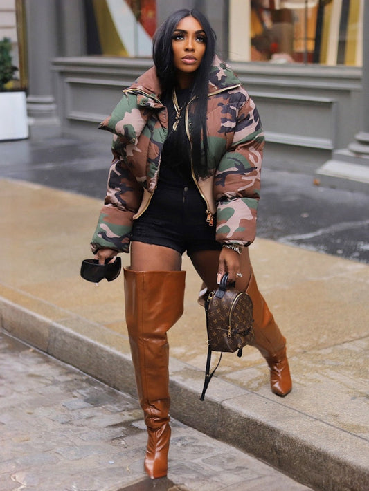 Women'S Retro Camouflage Print Short Jacket - Casual H-Silhouette Long Sleeve Coat with Pockets, Non-Stretch Fabric for Autumn Winter Outdoor & Casual Attire, Camouflage Jacket, Seasonal Fashion, Durable Outerwear, Functional