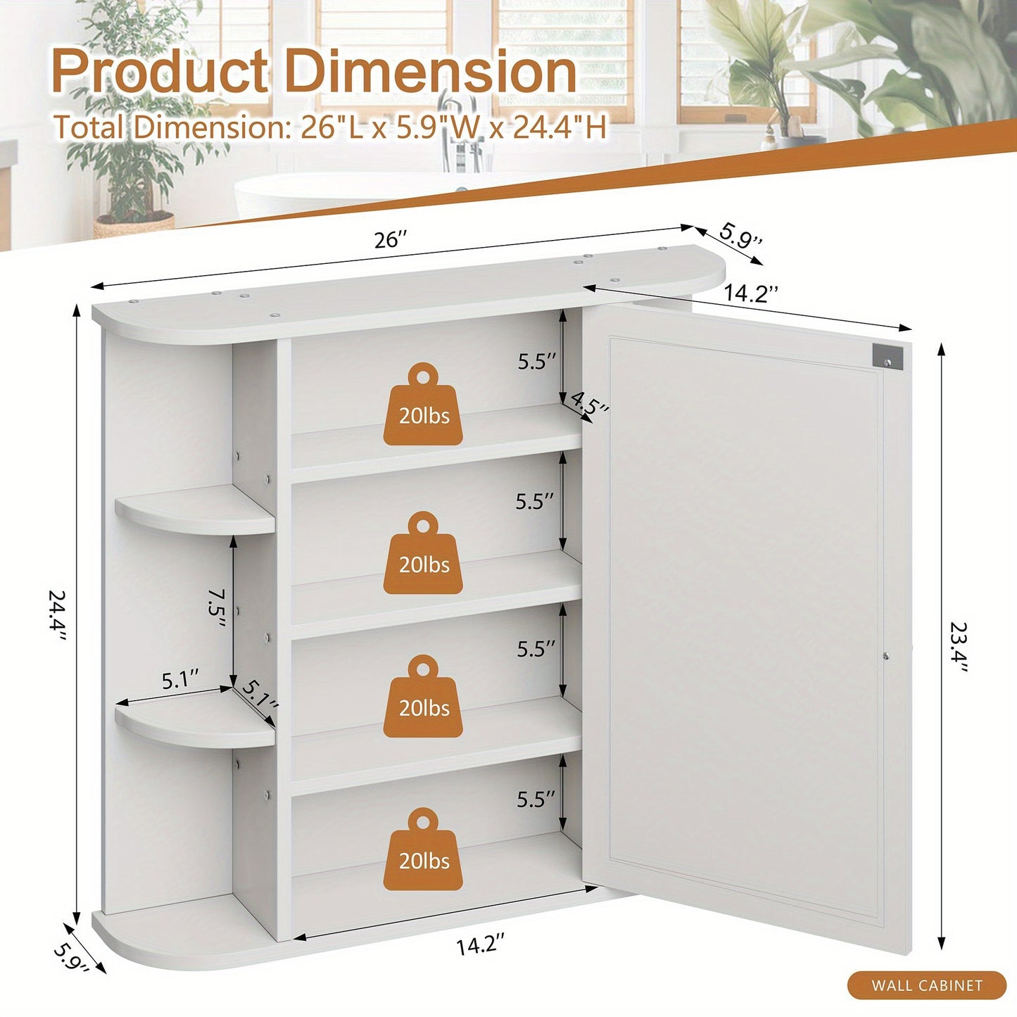 Modern Wall-Mounted Bathroom Medicine Cabinet with Mirror - 6 Open Shelves, Durable Non-Wood Moisture-Resistant Design, Space-Saving White Storage Organizer for Bathroom Essentials, Toiletry Organization, Contemporary Style,