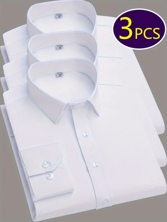3pcs Men's Slim Fit Long Sleeve Dress Shirts - Light Gray Solid Color, Button-Up Single Breasted Placket, Polyester Lined All-Season Shirts for Business Casual & Office Wear, Plus Size Available, Tight Fitted Shirts