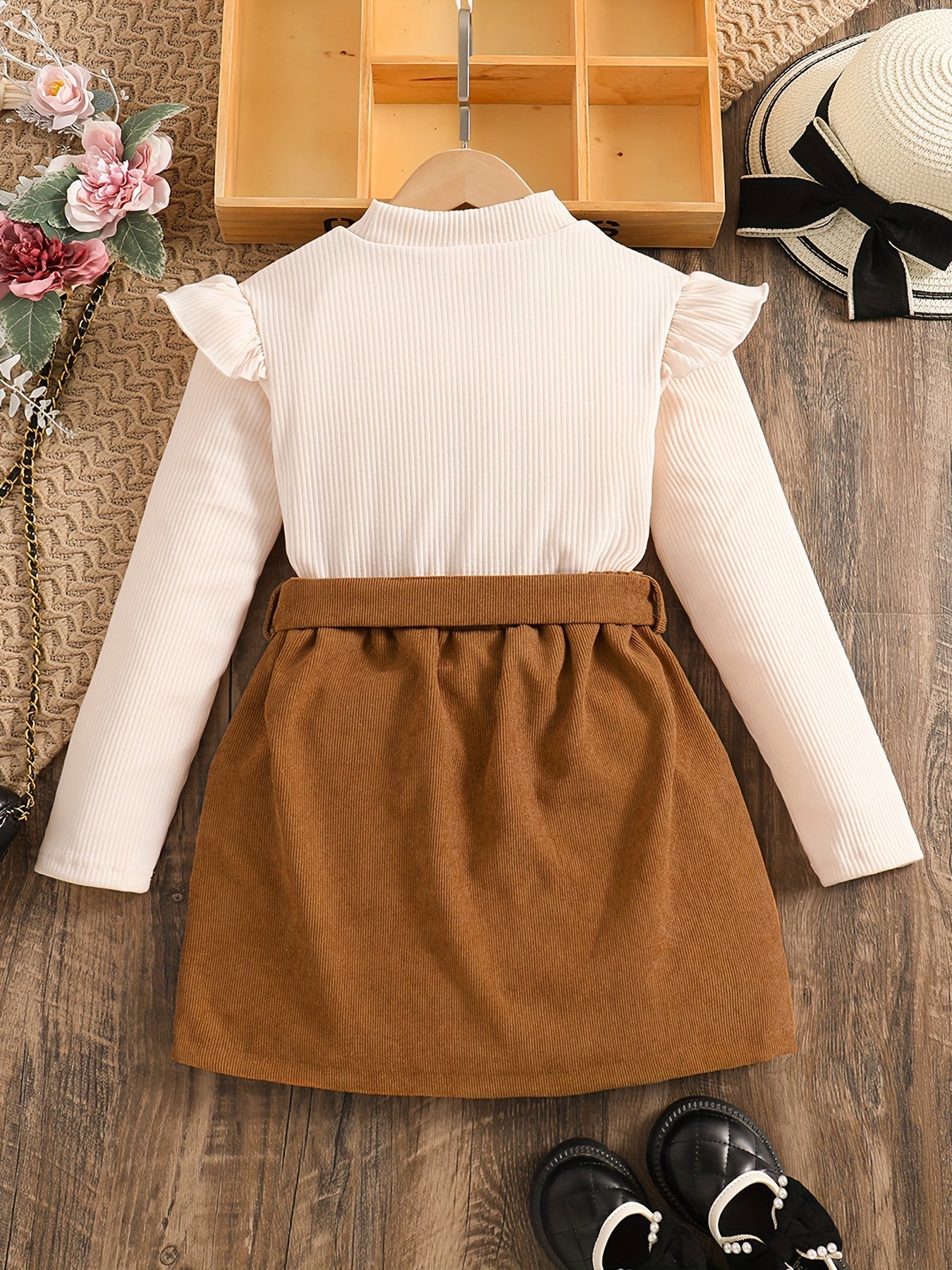 ' Elegant Solid Color Long Sleeve Half Dress Set - A-Line Skirt with Waist Tie Belt, Soft Breathable Fabric, Classic White & Brown Outfit for Spring & Fall, Casual to Semi-Formal Occasions, Casual Attire, School Events, Famil