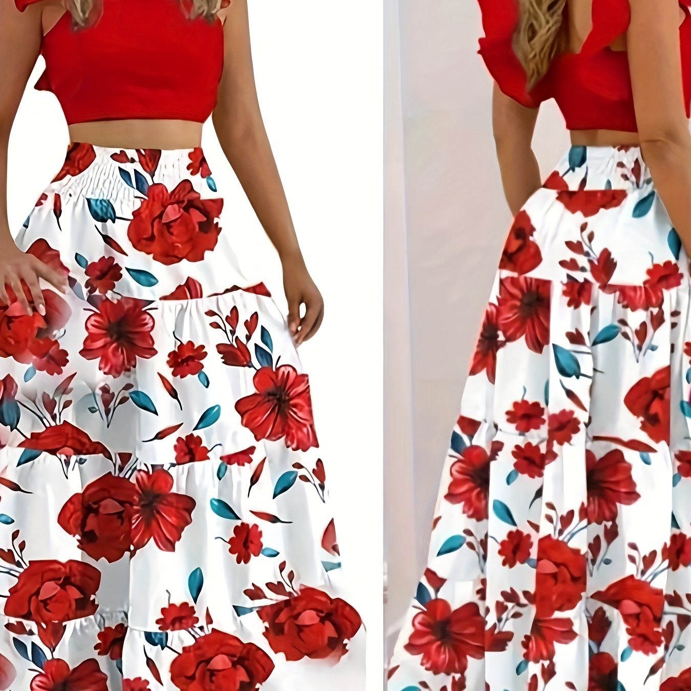 Women'S Floral Print Blouse & Skirt Set - Elegant Red & White Flowers, Polyester, Boat Neck, Sleeveless Top with Ruffle Detail, Flowy Skirt for Spring/Summer, Casual Attire | Floral Print Top | Polyester Fabri