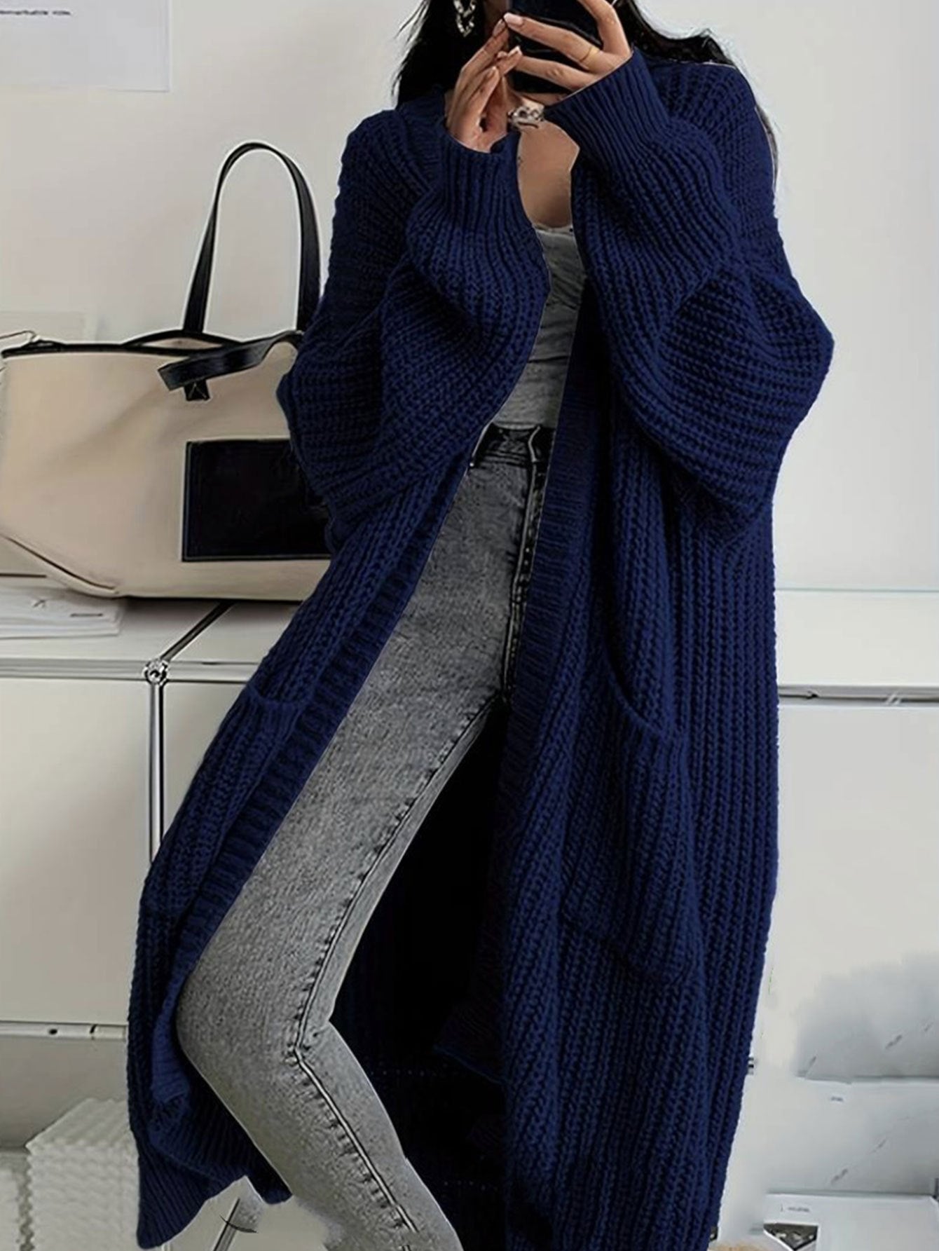 2025 Women'S Casual Long Sleeve Open Front Sweaters with Pockets in Plain Rib for Autumn, Long Cardigan For Women, Women'S Cardigan, Winter Clothe For Women, Fall Clothe For Women, Top For Women