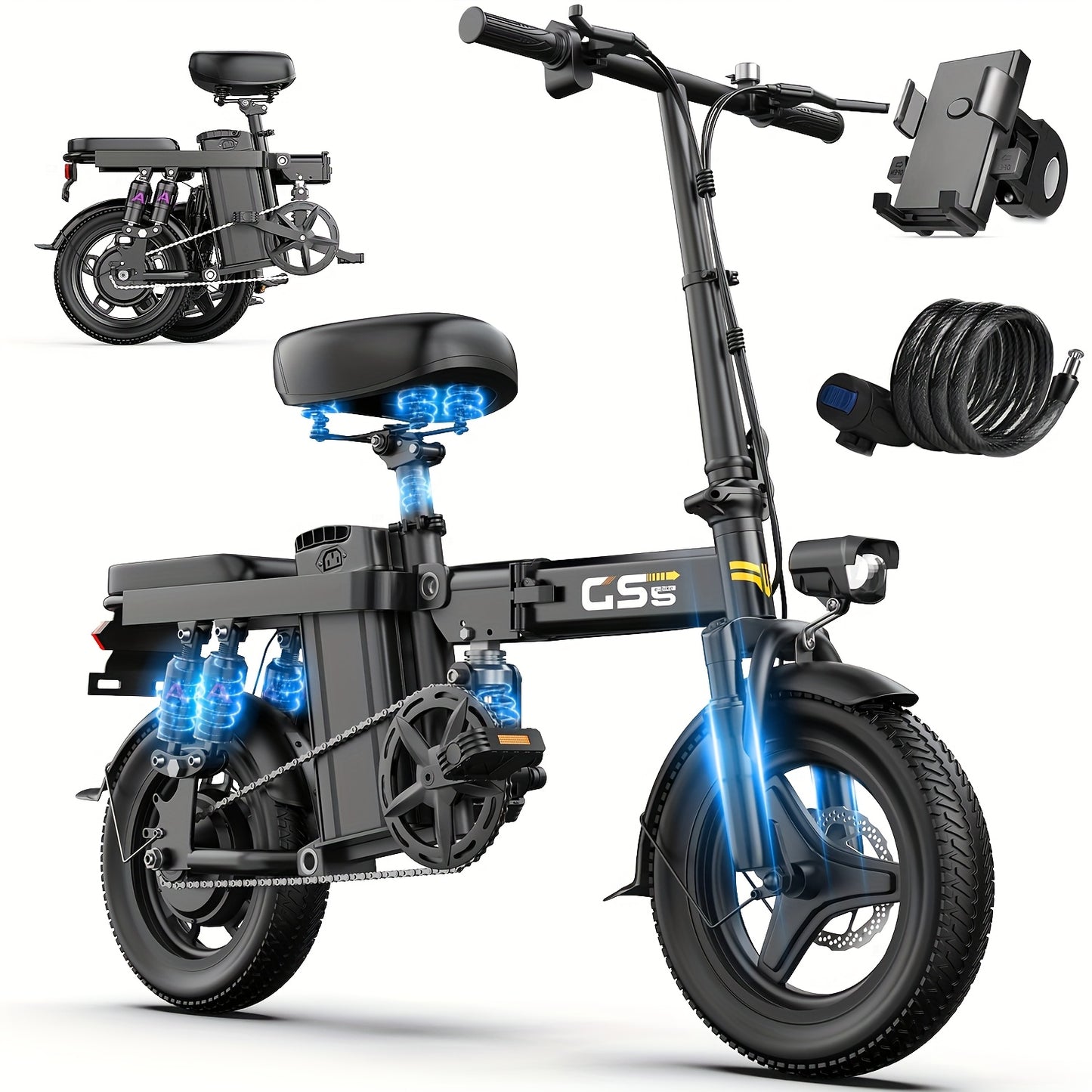 700W Peak Motor Electric Bike for Adults, 20MPH, 48V15Ah, 32-Mile Range, Folding Design with 14" Tubeless Off-Road Tires, Multiple Shock Absorbers, Black, Unisex, Perfect for Daily Commuting and City Use