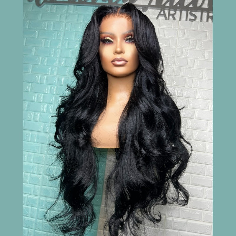 13x4 HD Lace Front Wig - Glueless Pre Plucked Lace Wig with 180% Density, Heat Resistant Synthetic Hair, Natural Black Body Wave Curly Wig for Women, No Glue Needed, Everyday & Special Events, Event Hairpiece, Elegant Hairsty