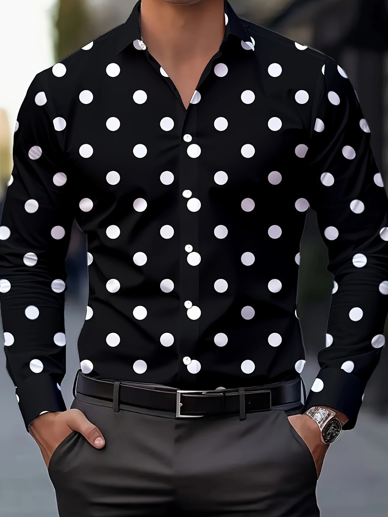 [Men's Casual Shirt] Men's Casual Shirt - Red & Black Polka Dot Print, Machine Washable Non-Elastic Fabric, Classic Button Front, Regular Fit Long Sleeve for Spring/Autumn Outdoor & Casual Wear, Seasonal Fashion, Straight Sle