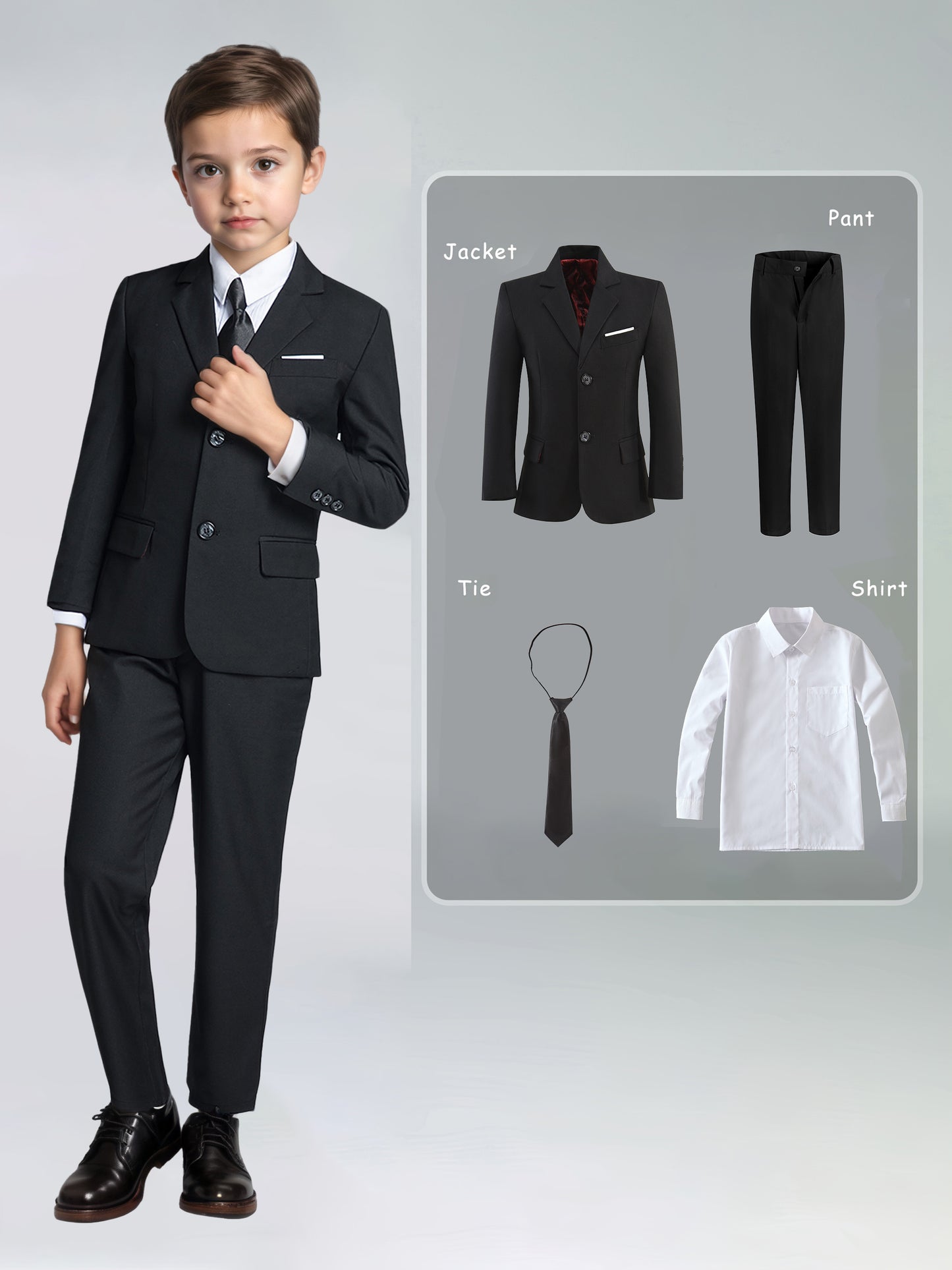Boys' 4pcs Serge Suit Set: Jacket + White Ruffled Shirt + Pants + White Tie, White/ Black/ Royal Blue, Sizes 2-16, Ideal for Weddings/ Flower Boy/ Back to School, Perfect for Outdoor, Perfect for Thanksgiving, Perfect for Chr
