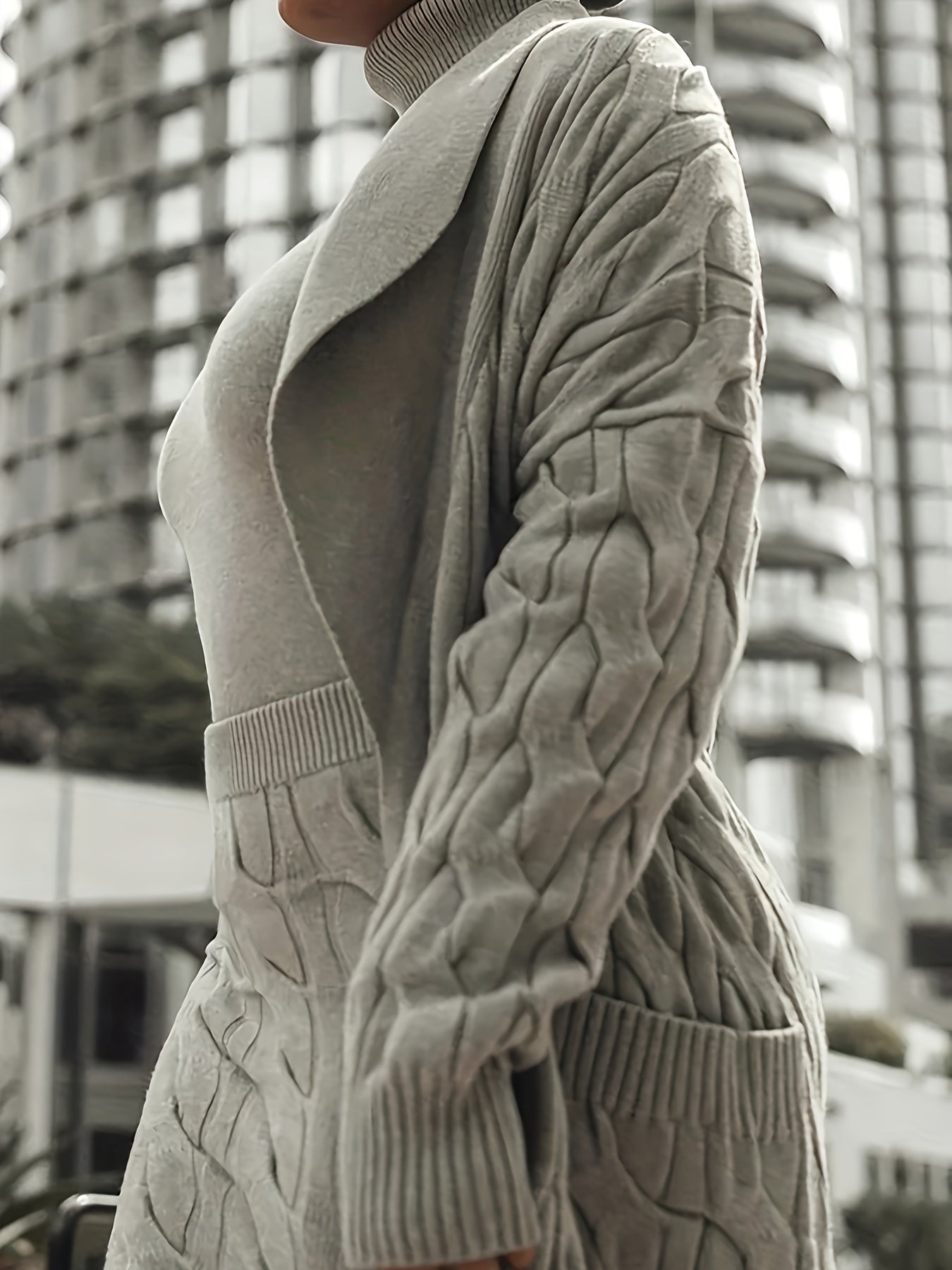 Stylish Solid Twill Knit Skirt Set, Long Sleeve Open Front Pocket, Mid-Long Cardigan and High-Neck Slim Sweater and High-Waisted Pencil Skirt Outfit, Women's Clothing