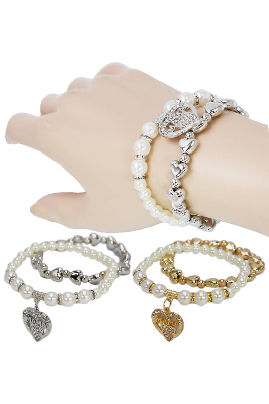 Mama Heart Pearl Double-Strand Beaded Bracelet