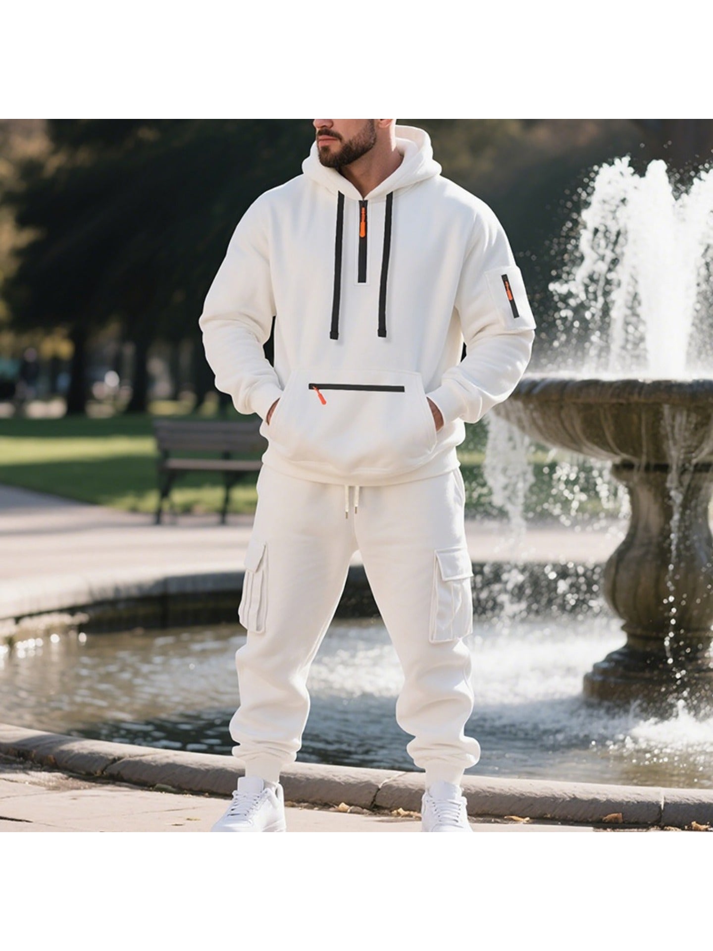 1 Set 2pcs Men's Athletic Casual Tracksuit - Fleece Lined Hooded Long Sleeve Pullover Sweatshirt & Pocketed Sports Pants, Warm Fleece Lining with Breathable Fabric, Perfect for Daily Wear, Outdoor Activities, Home Leisure - M