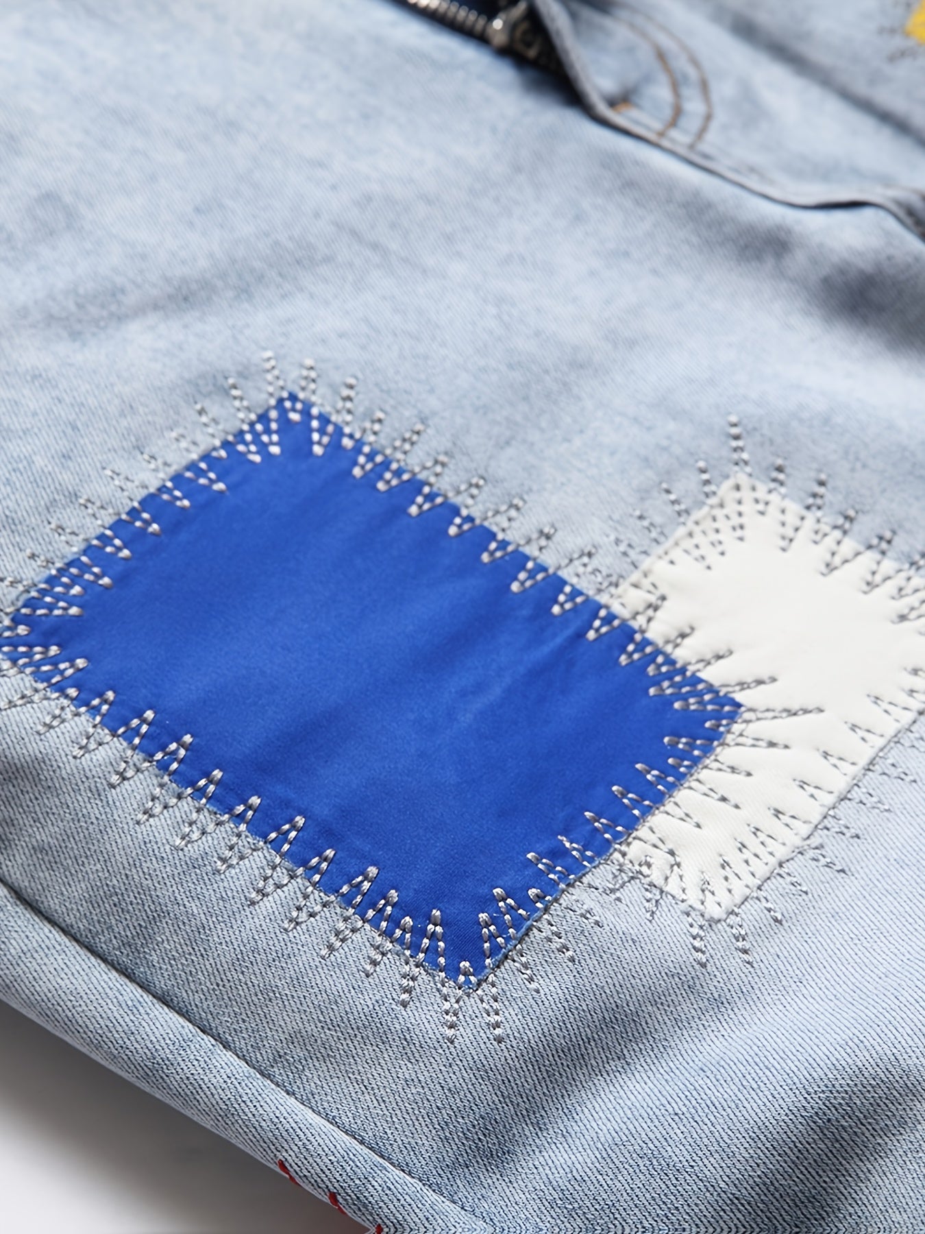 Men's Slim Fit Fashion Small Foot Embroidered Jeans Colorful Tape Stretch Washed Blue Trousers