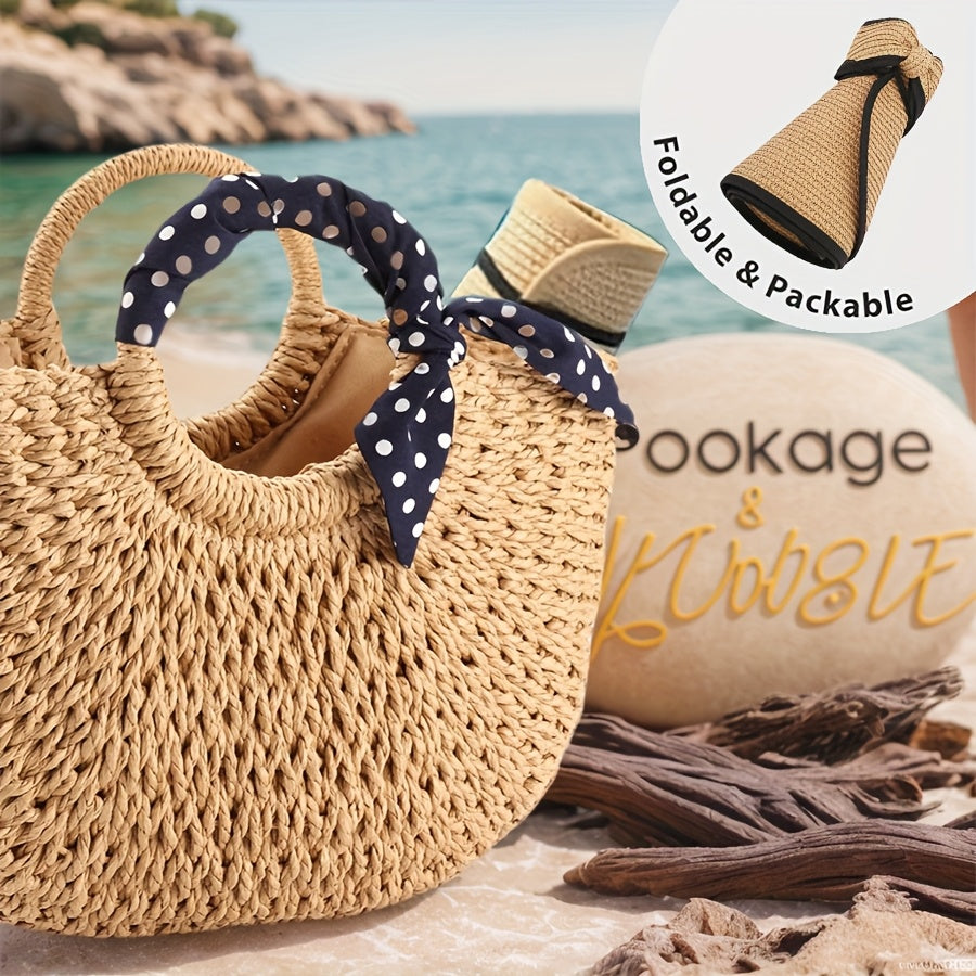 3pcs Women'S Beach Fashion Set, Sun Hat, Beach Hat, Beach Bag, Handbag, Earrings, Ear Jewelry, Women's, Suitable For Outdoor Beach Travel Scenarios.