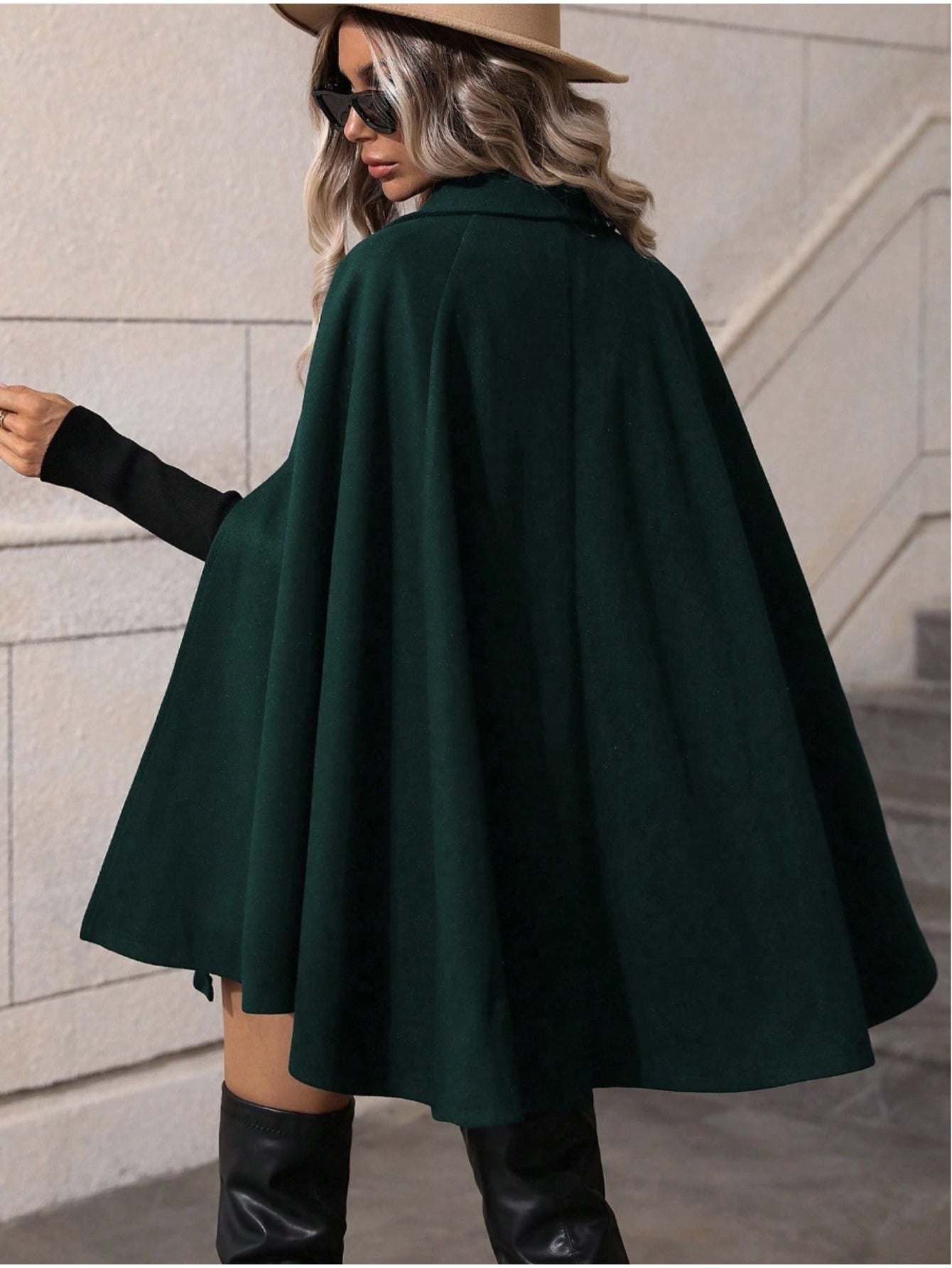 's Dark Green Double Breasted Cape Coat - Vintage Elegant Collar Winter Coat with Golden-Tone Buttons, Single-Breasted Outer Layer & Inner Wear Potential, Hand Washable Non-Stretch Jacket for Autumn/Winter (Office, Parties, C