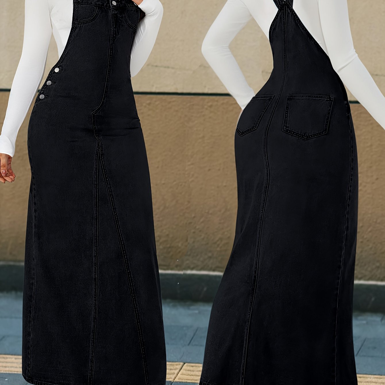 Durable Denim Dress - Women's Non-Stretch Loose Fit Long Skirt with Detachable Strap, Multiple Buttons for Easy Closure, Everyday to Formal Outfits - Casual Chic Outwear, Versatile Outfit Option