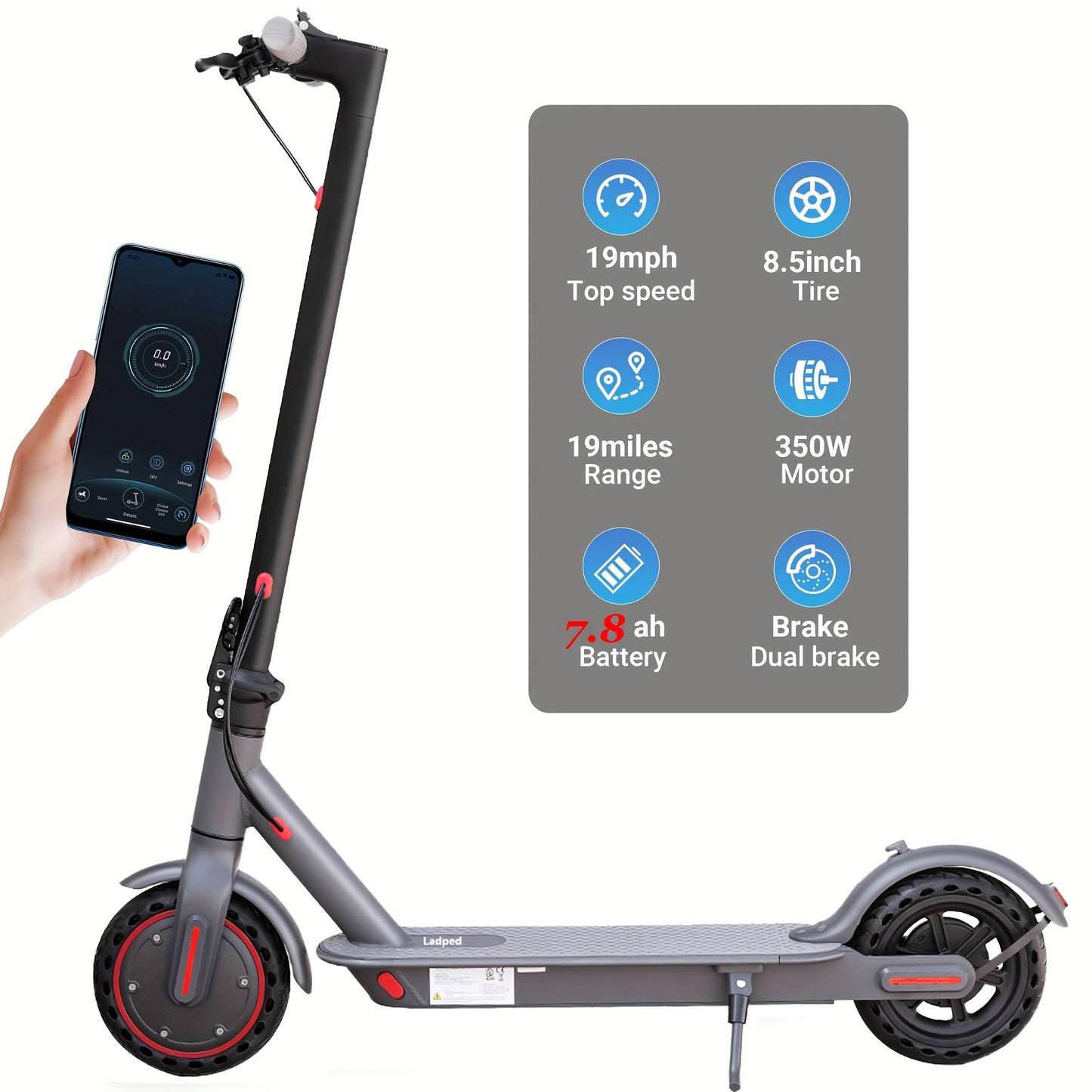 LADPED Electric Scooter LP80, 350W 36V, 8.5" Solid Tires, 19 Mile Range And 3 Modes, High Speed For Teens And Adults, Foldable And Height Adjustable, Designed For Beginners- Ideal For Travel, City Streets, Parks, Or Campus Pa